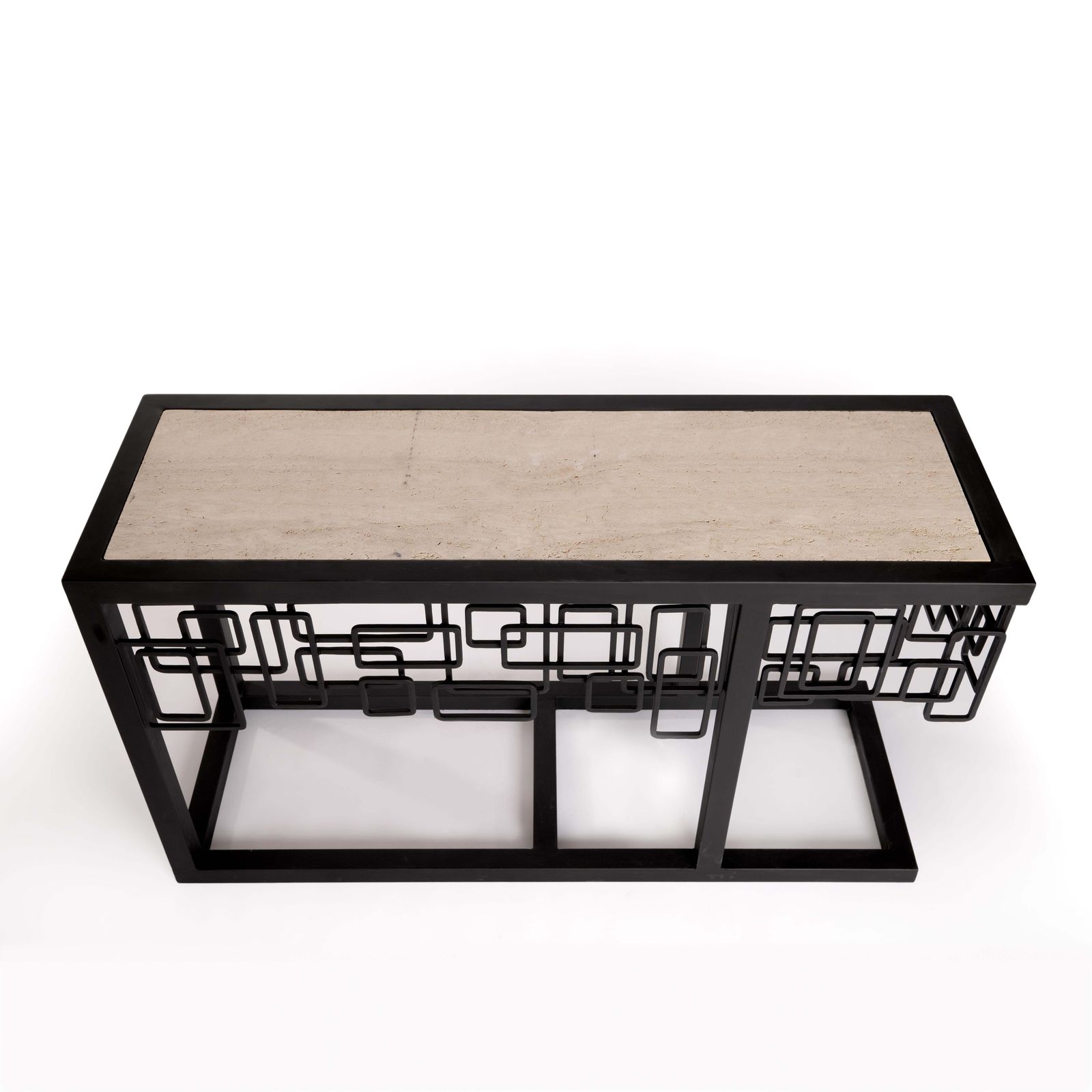 Italian Mid Century Iron/Travertine Console Table Abstract Geometric Design 70s photo for sale
