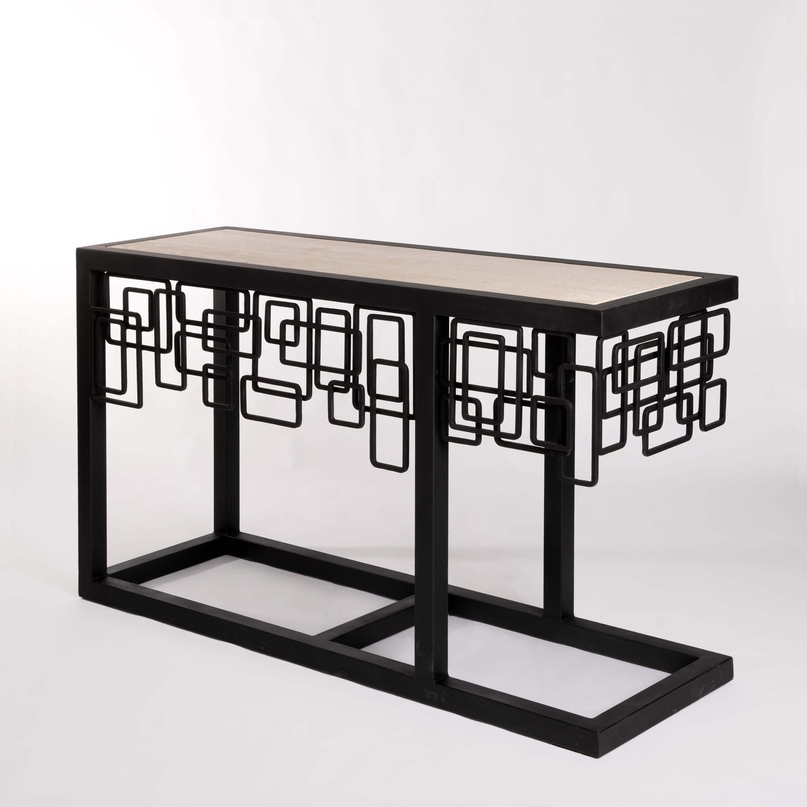 Italian Mid Century Iron/Travertine Console Table Abstract Geometric Design 70s photo Furniture