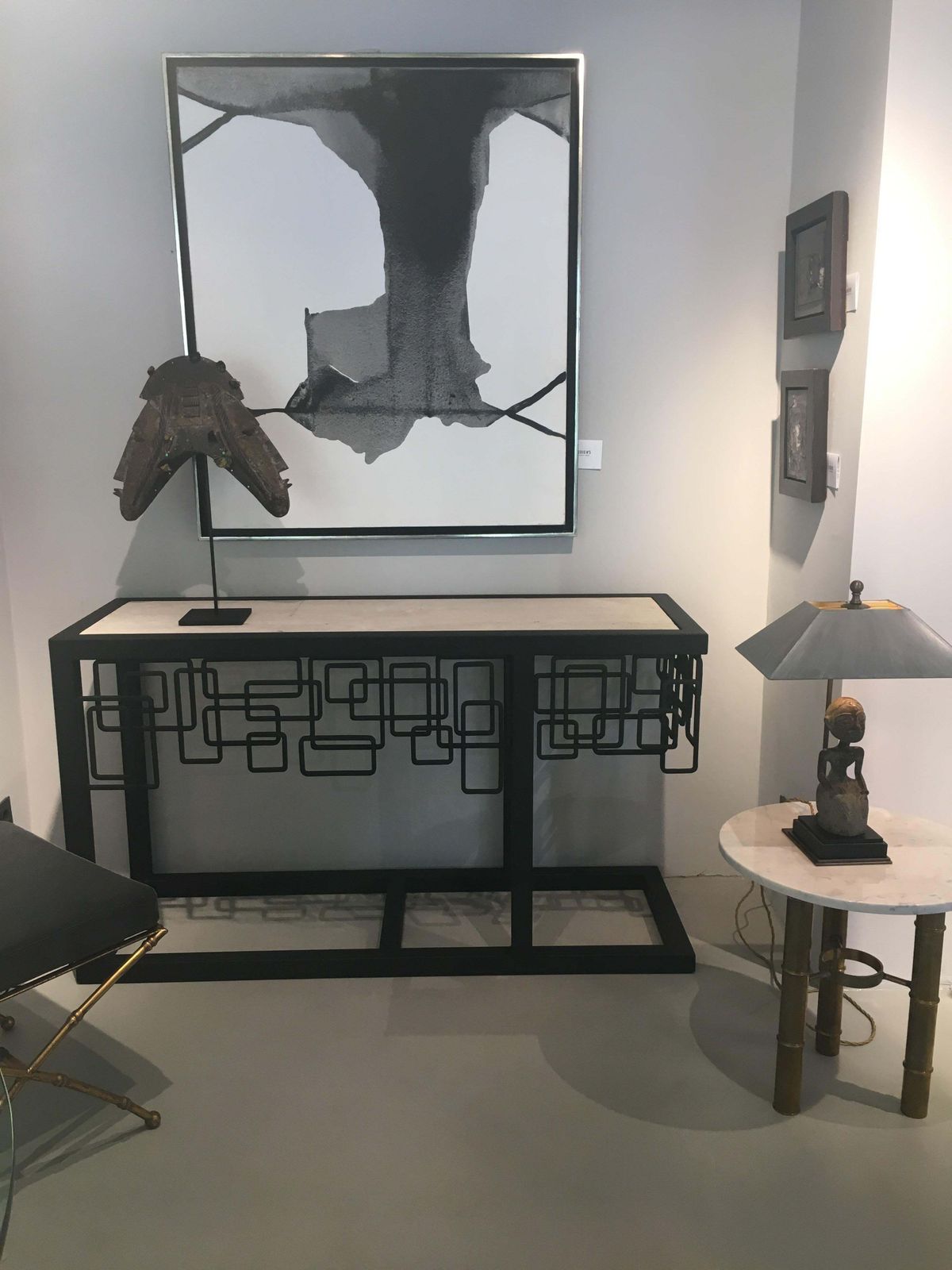 photo vinterior Italian Mid Century Iron/Travertine Console Table Abstract Geometric Design 70s