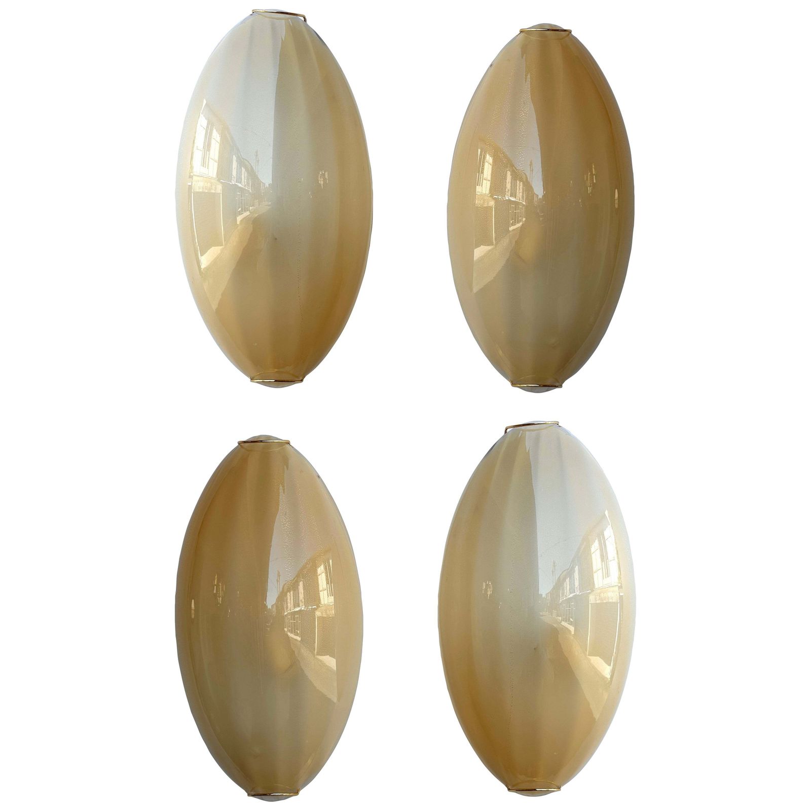 Contemporary Pair Of Yellow Gold Leaf Murano Glass And Brass Sconces, Italy