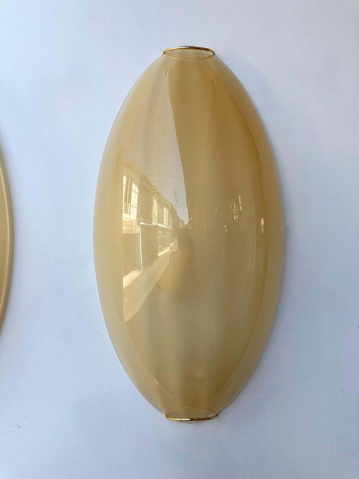 Contemporary Pair Of Yellow Gold Leaf Murano Glass And Brass Sconces, Italy photo for sale