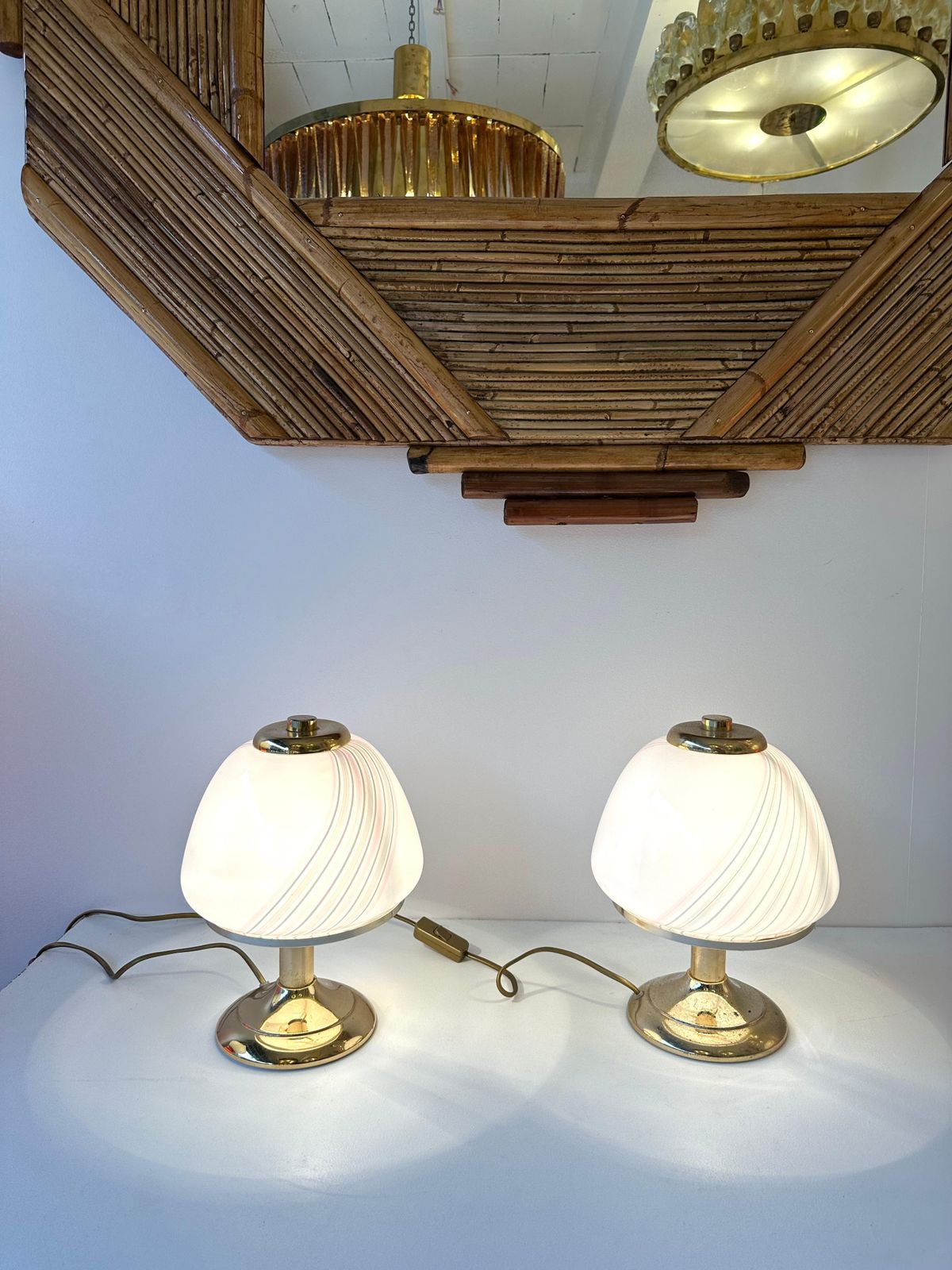 Pair Of Mushroom Lamps Brass And Murano Glass By F. Fabbian, Italy, 1970s photo Lighting