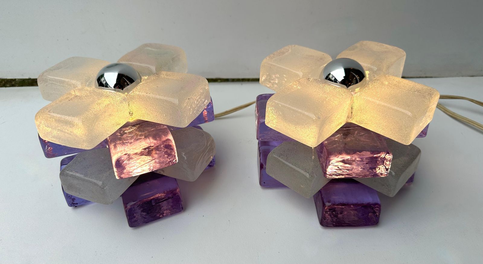 Pair Of Round Glass Cube Lamps By Poliarte, Italy, 1970s photo vintage