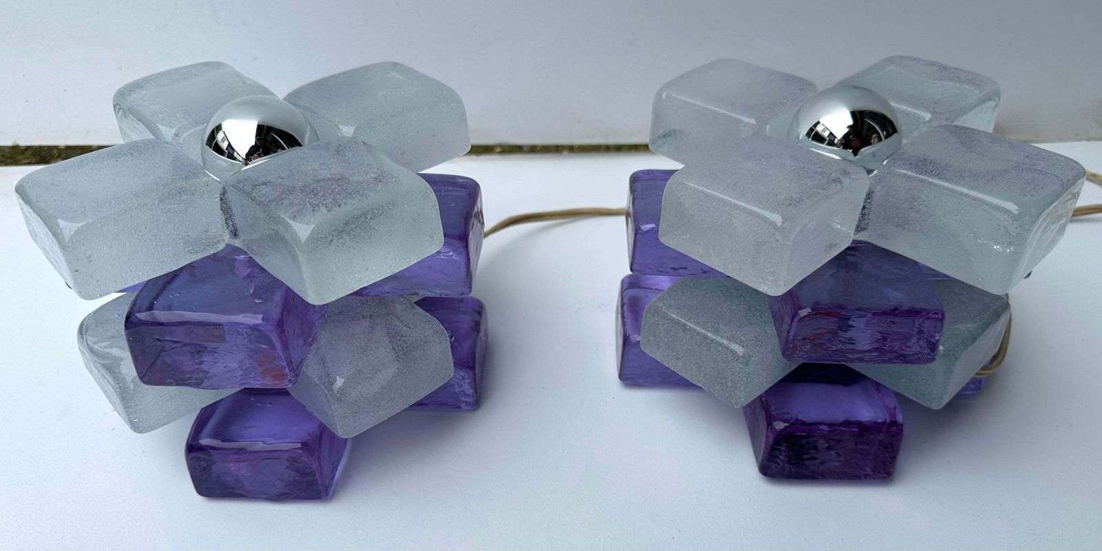 Lighting Pair Of Round Glass Cube Lamps By Poliarte, Italy, 1970s photo