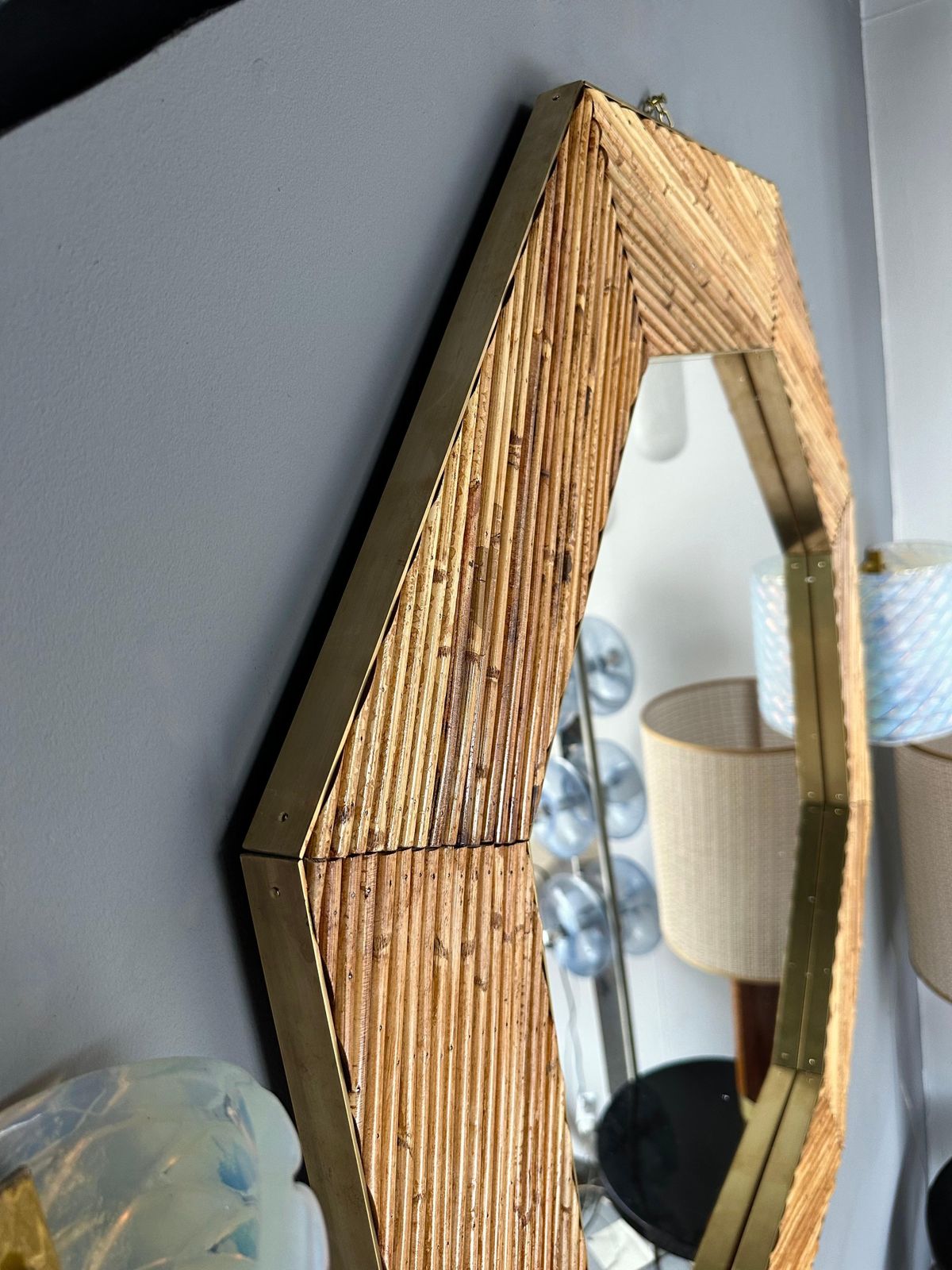 photo for sale Rattan And Brass Octogonal Wall Mirror By Vivai Del Sud. Italy, 1970s