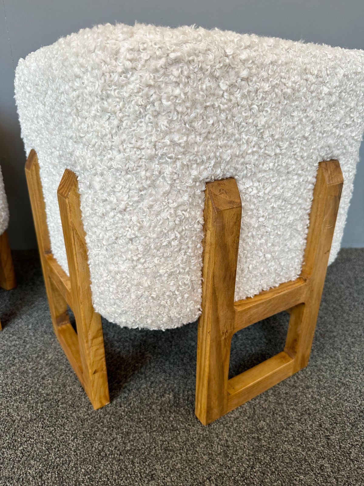 Contemporary Pair Of Wood Stools And Bouclé Fabric. Italy photo vinterior