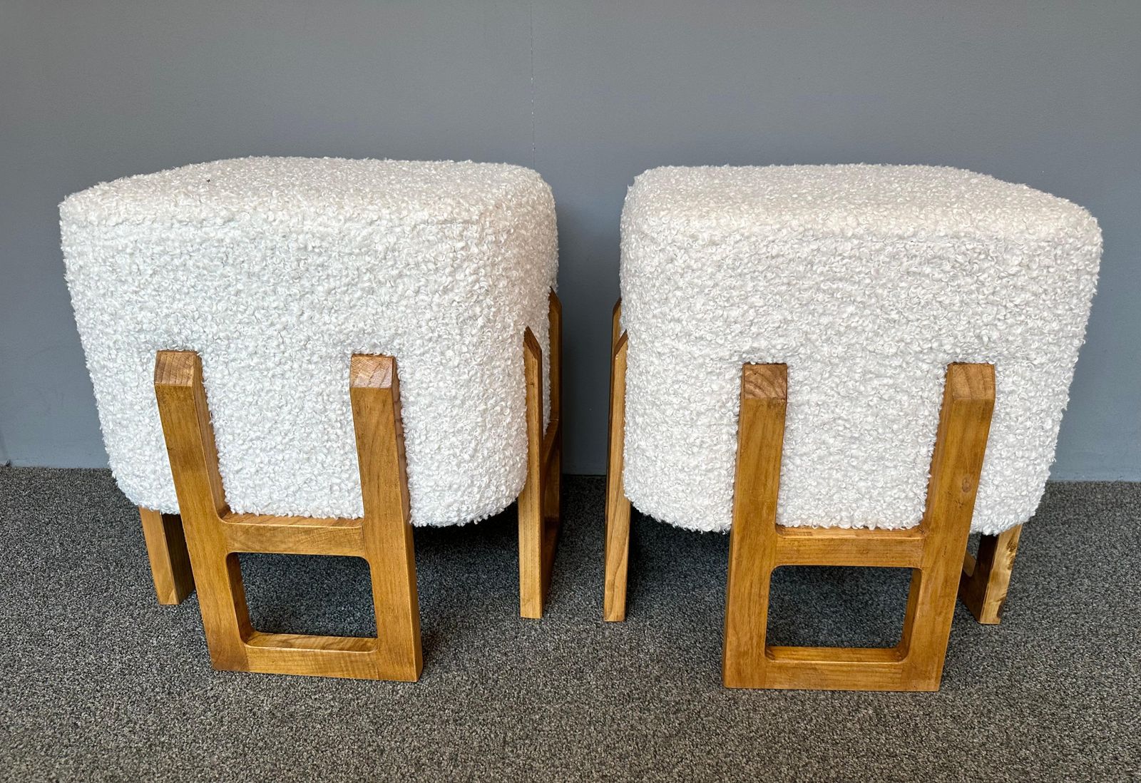 photo furniture Contemporary Pair Of Wood Stools And Bouclé Fabric. Italy