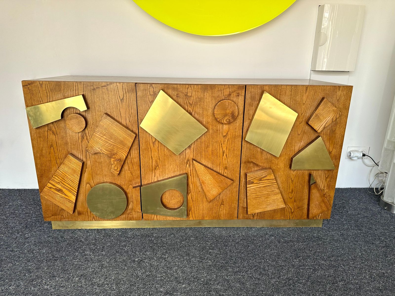 Contemporary Geometrical Wood And Brass Sideboard, Italy photo Furniture