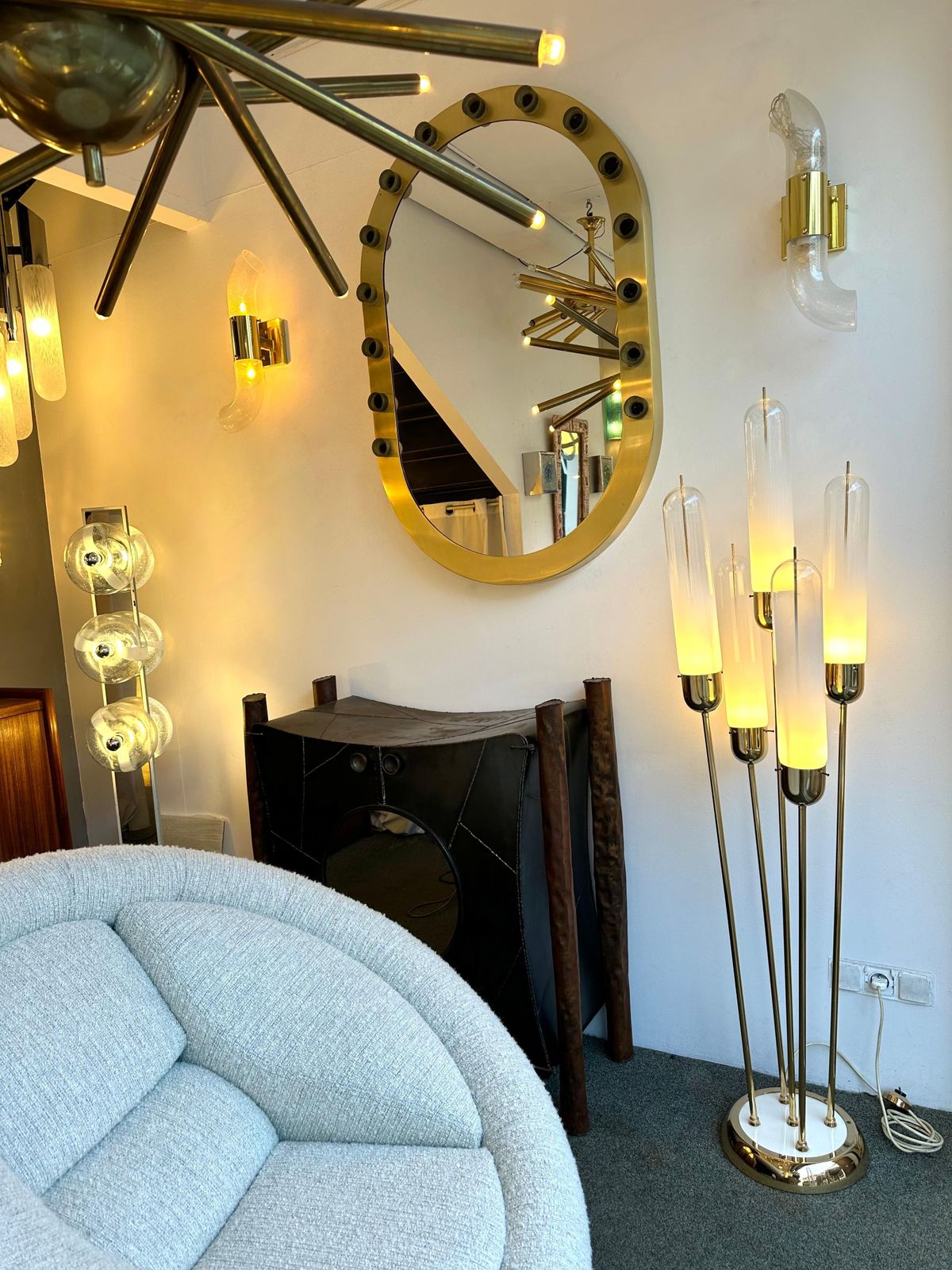 Mid Century Modern Brass Reed Floor Lamp Murano Glass By Mazzega, Italy, 1970s photo vinterior