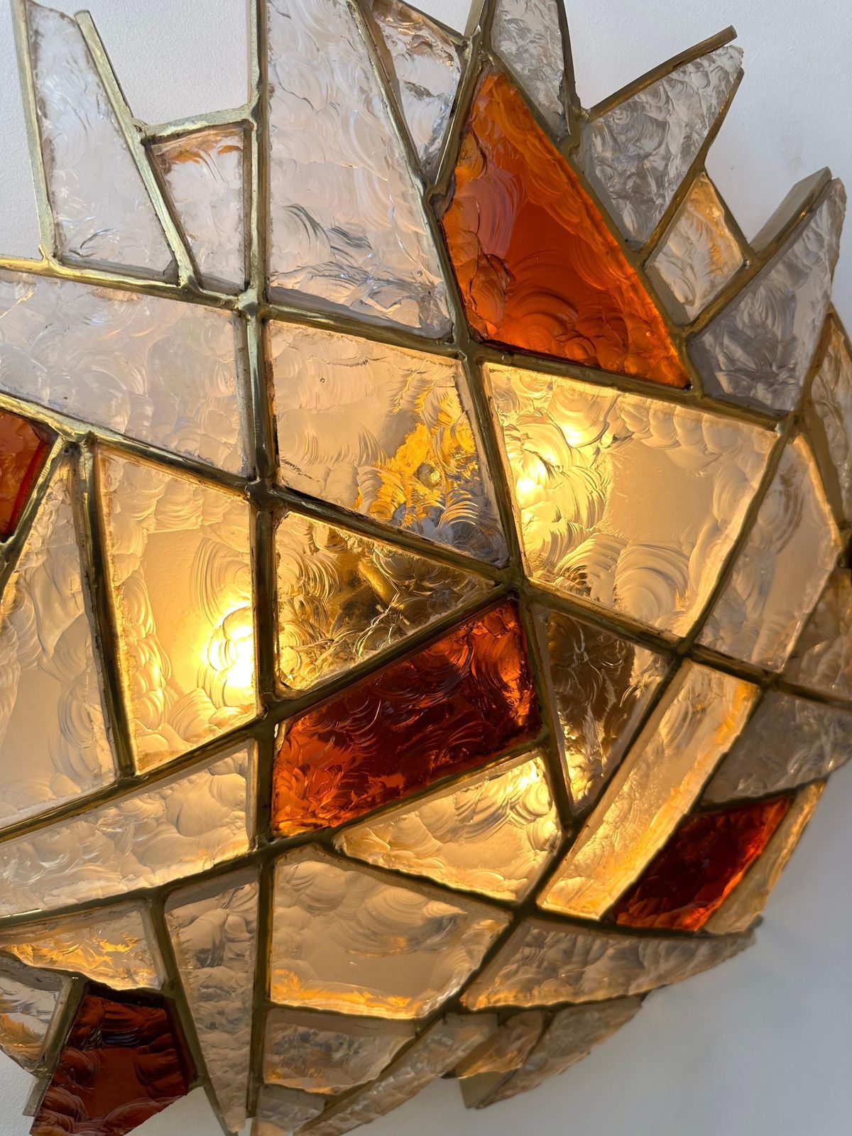 Large Pair Of Hammered Glass Gilt Wrought Iron Sconces By Longobard, Italy 1970s photo Lighting