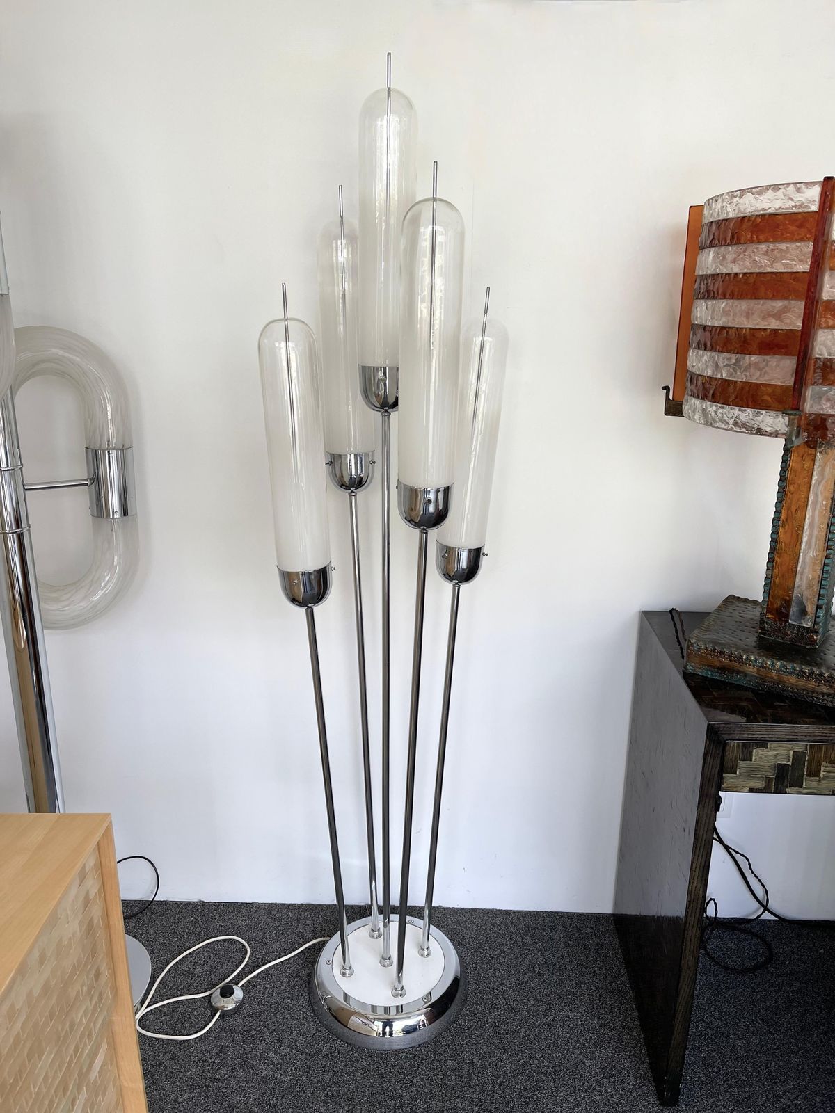 5482.0 Mid Century Modern Reed Floor Lamp Murano Glass Metal By Mazzega, Italy, 1970s photo