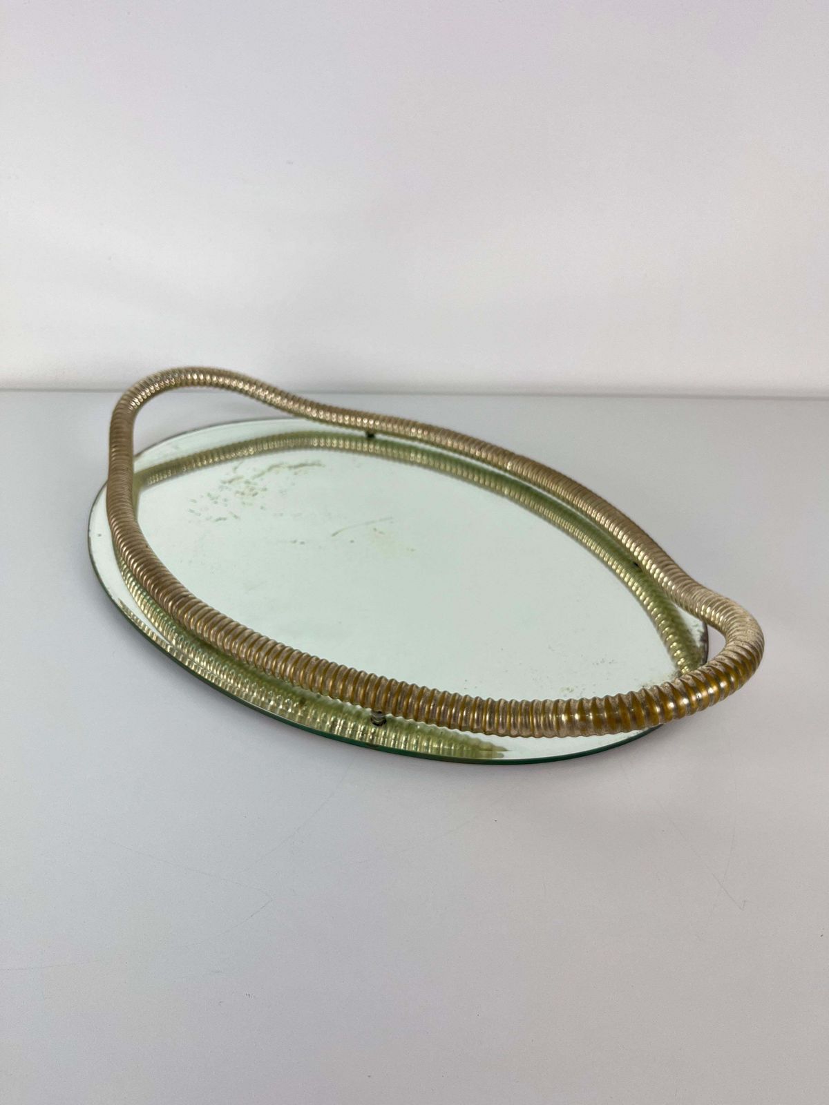 Home Decor Italian Art Deco Oval Tray Brass And Mirrored Glass In The Style Of Fontana Arte photo