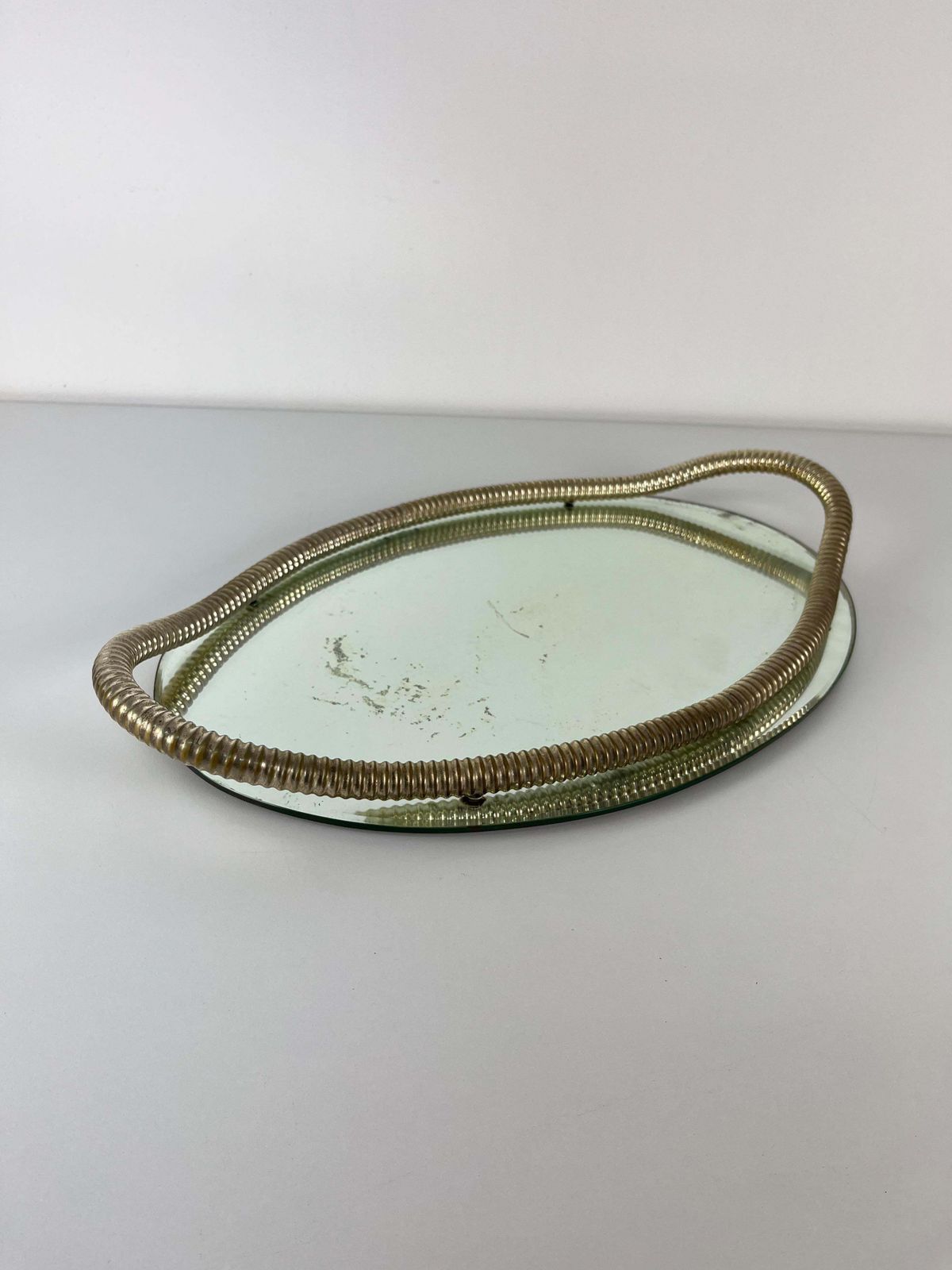 574.0 Italian Art Deco Oval Tray Brass And Mirrored Glass In The Style Of Fontana Arte photo