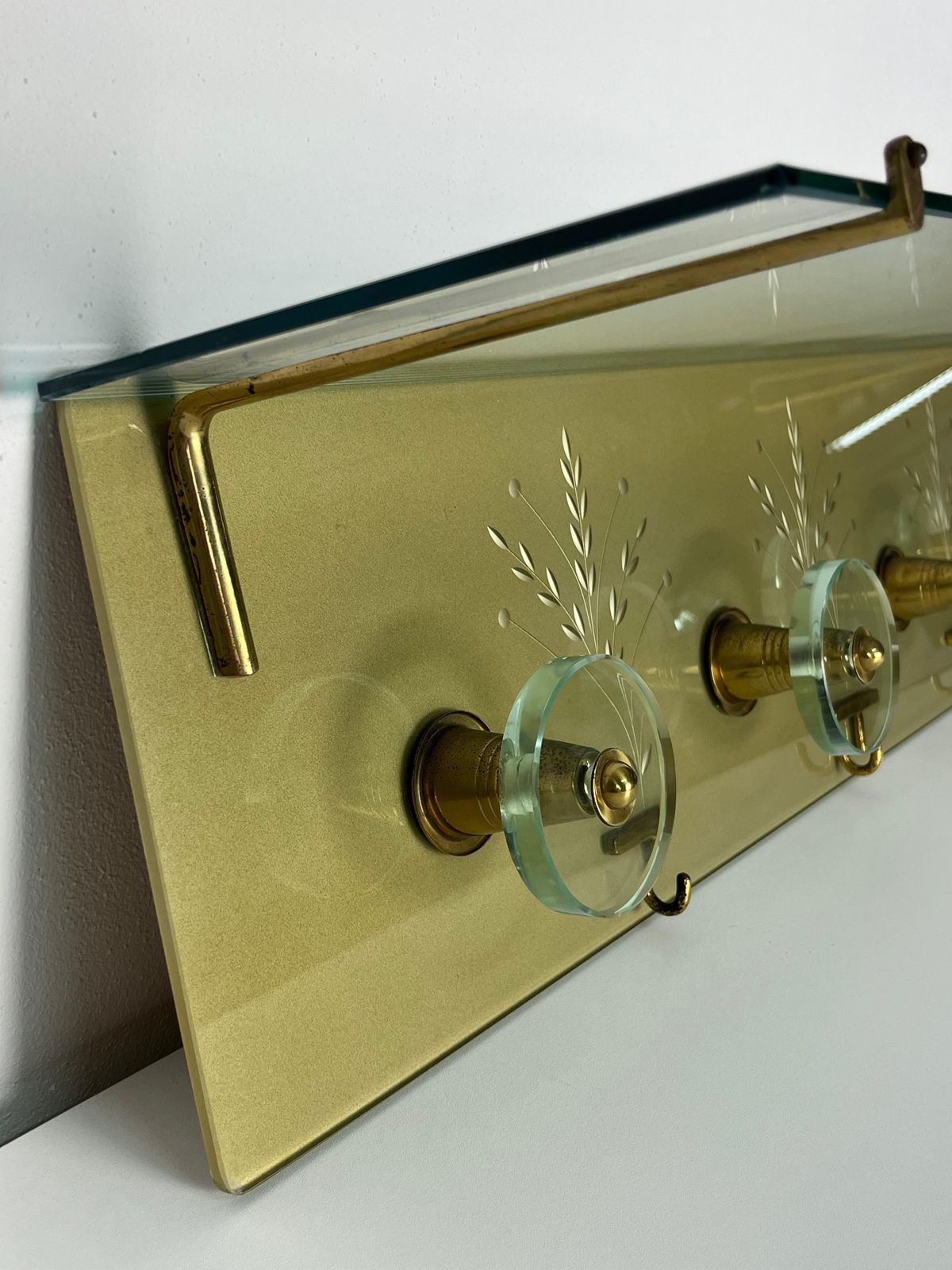 Wall Coat Rack Engraved Glass And Brass In The Style Of Fontana Arte, 1950s photo for sale