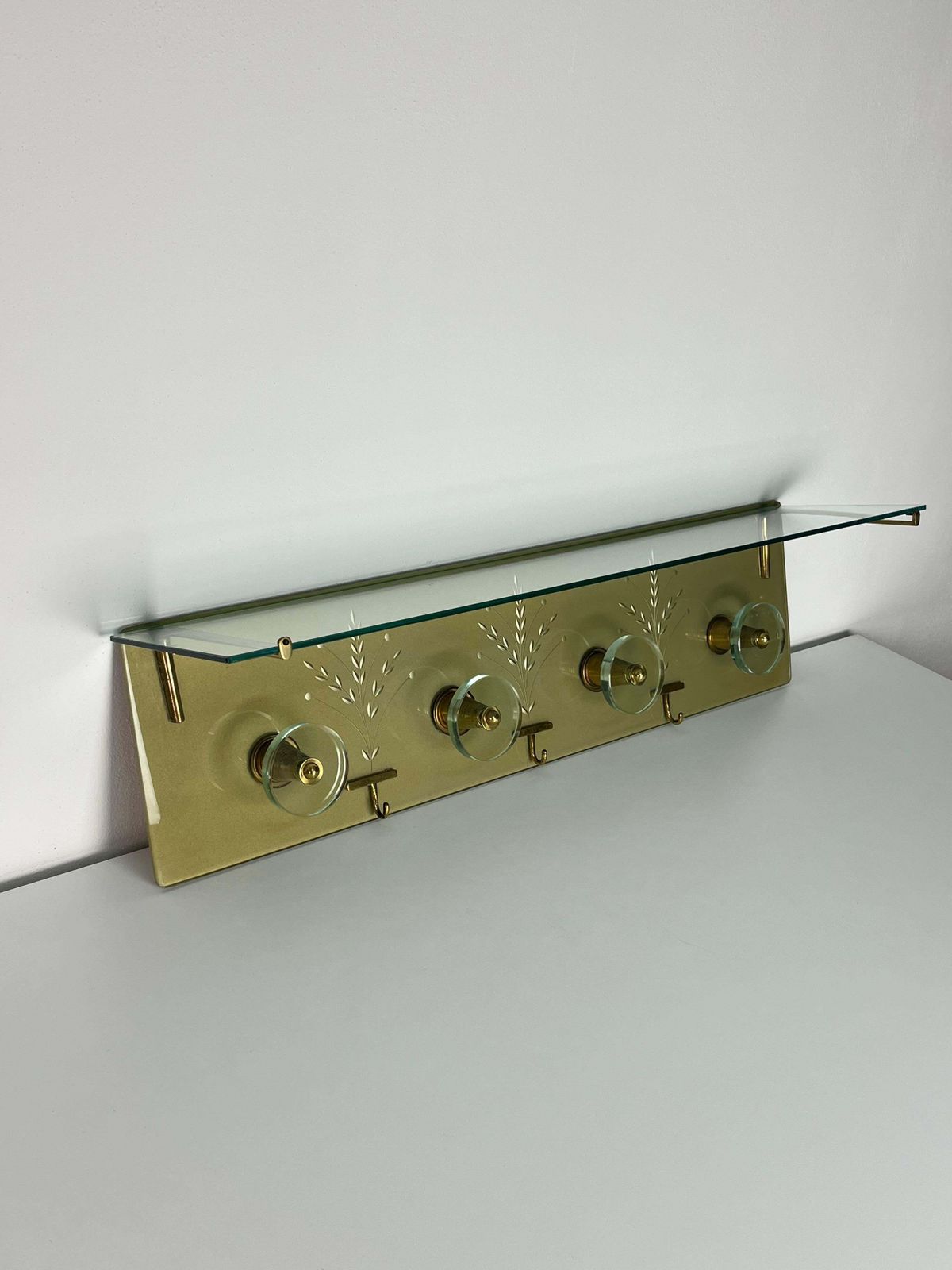 Wall Coat Rack Engraved Glass And Brass In The Style Of Fontana Arte, 1950s photo buy