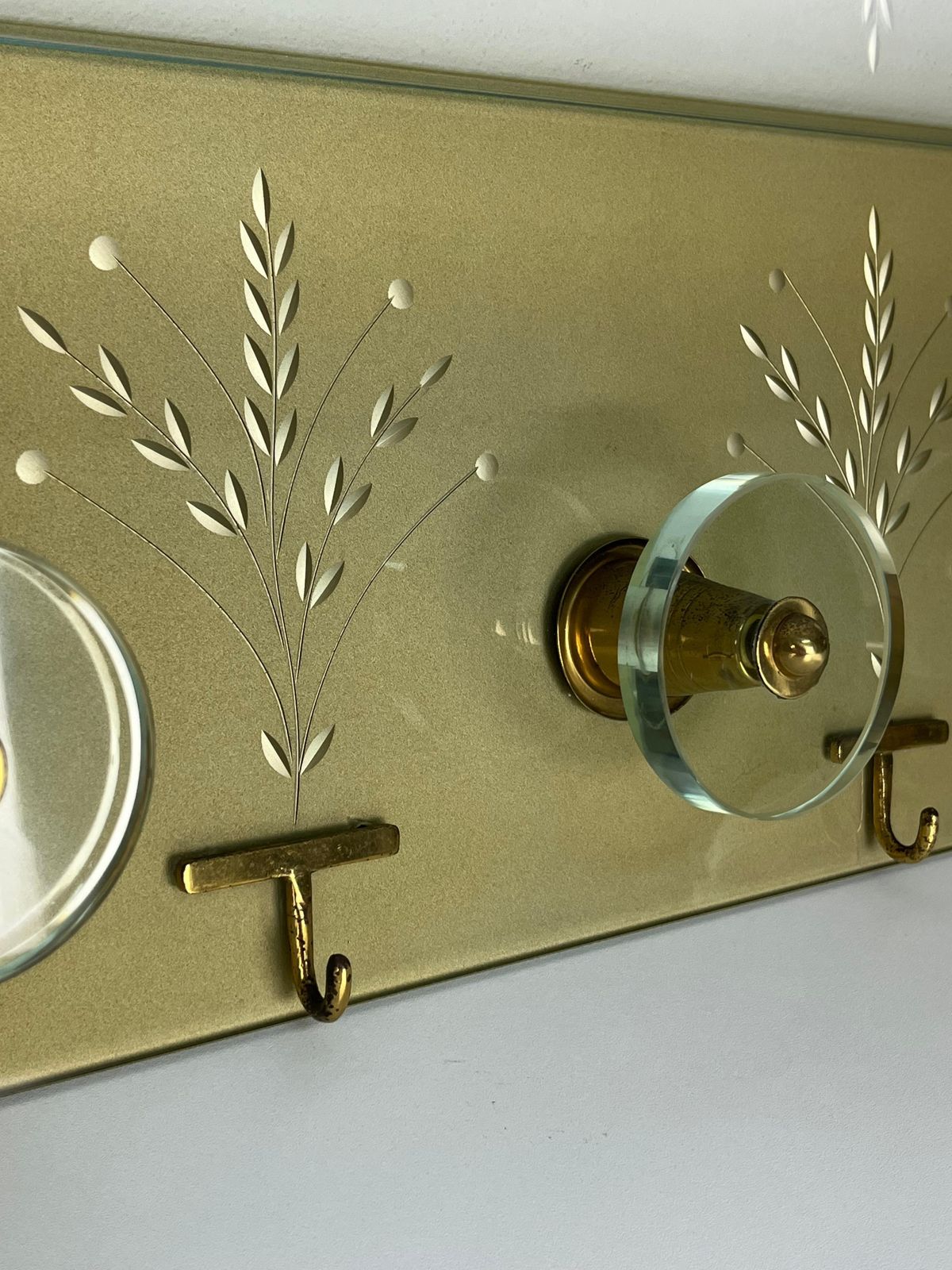 photo furniture Wall Coat Rack Engraved Glass And Brass In The Style Of Fontana Arte, 1950s
