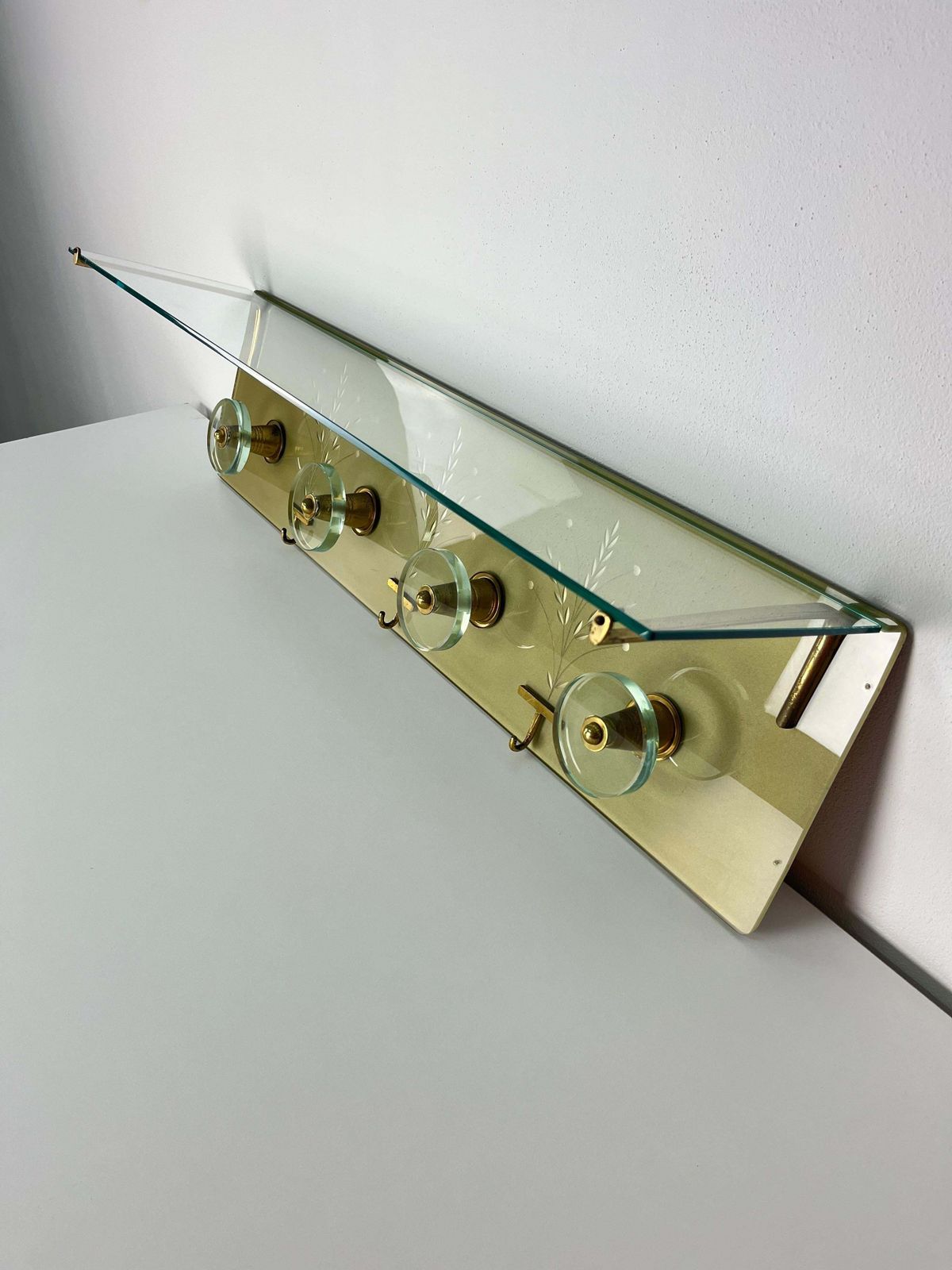 photo for sale Wall Coat Rack Engraved Glass And Brass In The Style Of Fontana Arte, 1950s