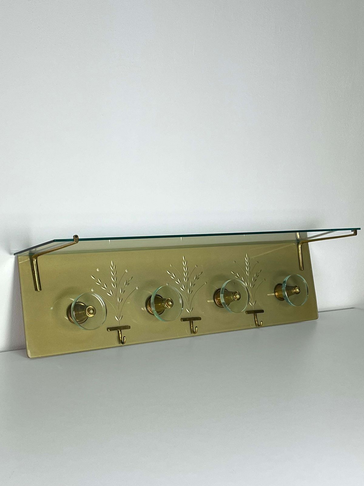 Furniture Wall Coat Rack Engraved Glass And Brass In The Style Of Fontana Arte, 1950s photo