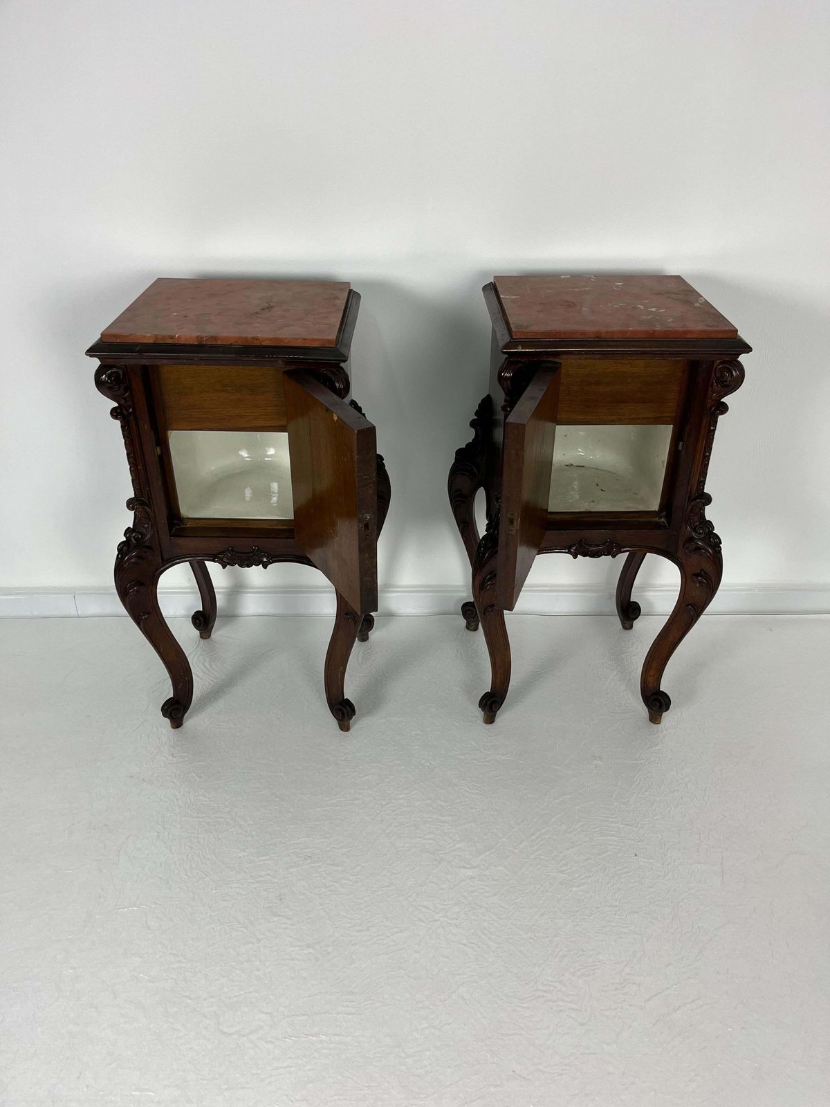 Set Of 2 French Louis XV Night Stands, Marble Top, 1930s photo vinterior
