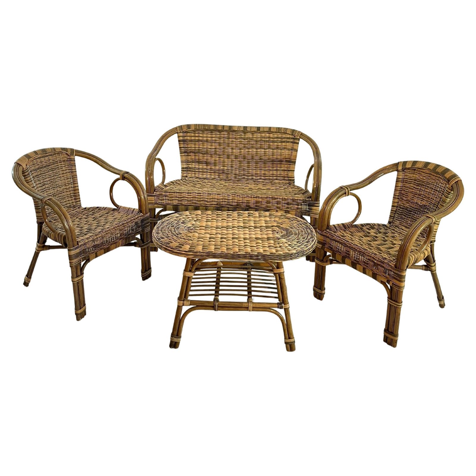 Set Of 4 Wicker Sofa Armchairs Coffee Table Made In Italy 1960s