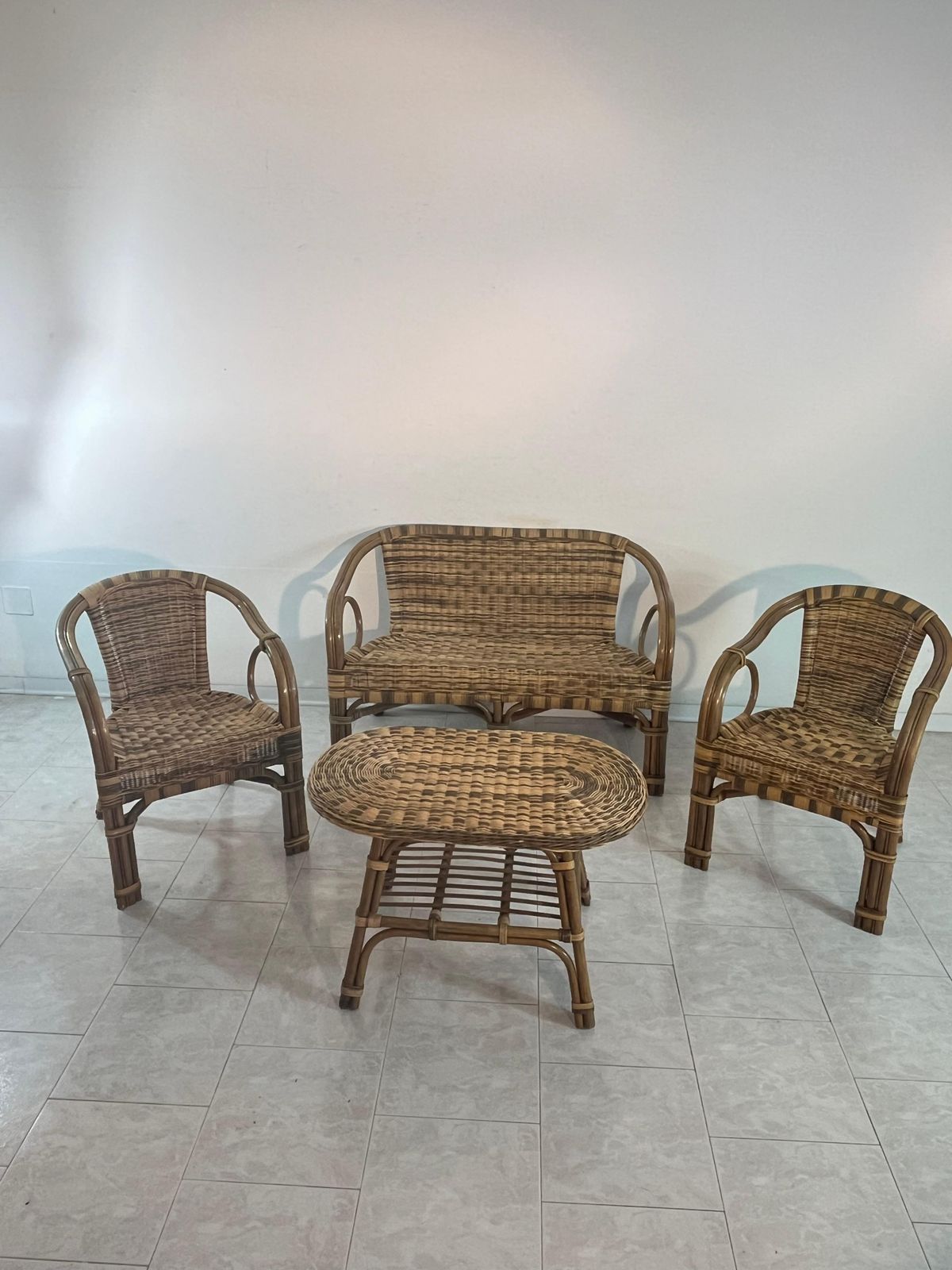 Set Of 4 Wicker Sofa Armchairs Coffee Table Made In Italy 1960s photo furniture