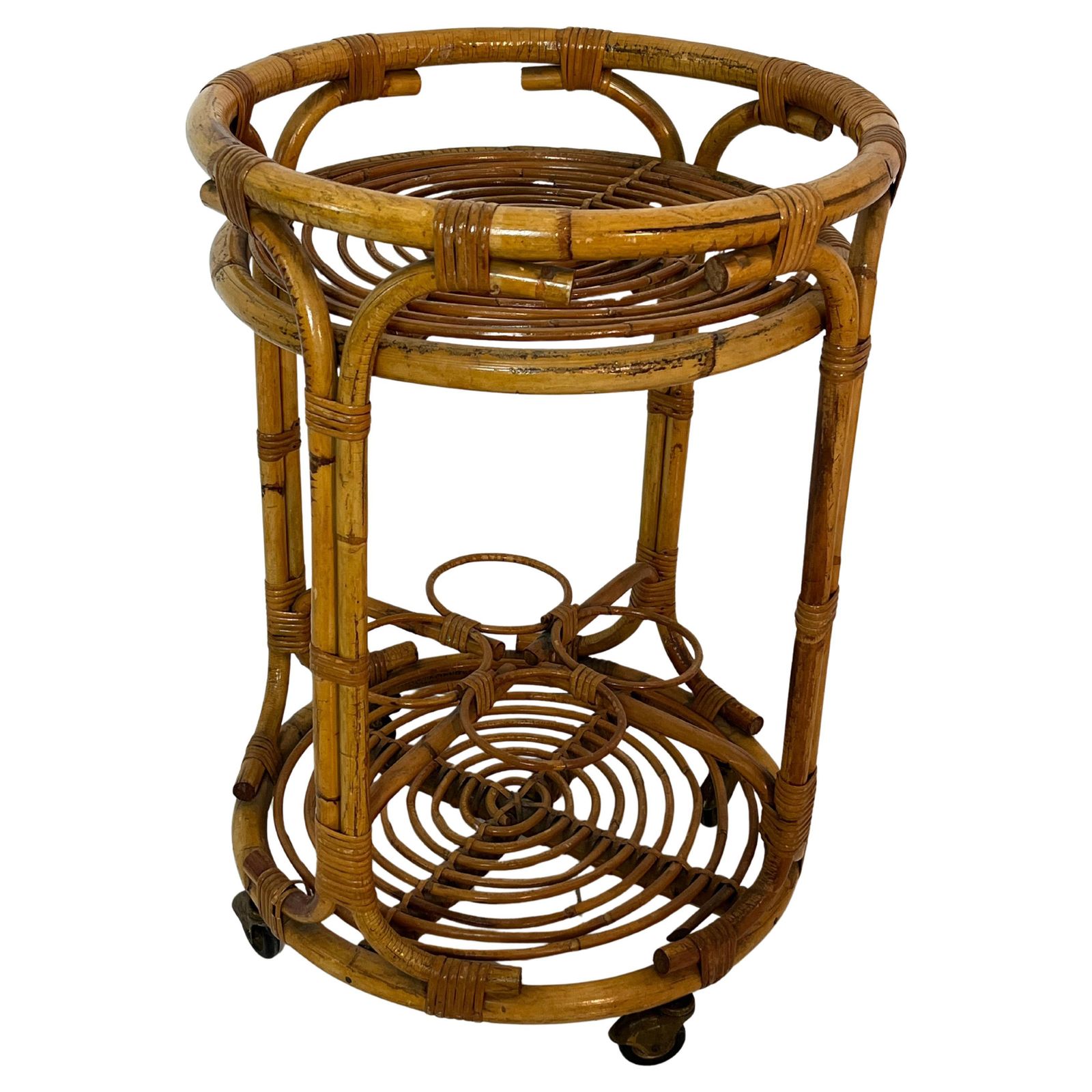 Mid Century Circular Bamboo Bar Cart In The Style Of Franco Albini, 1960s