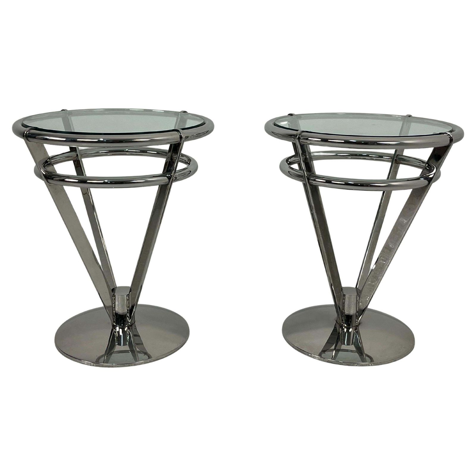 Set Of 2 Delightful Space Age Steel And Glass Night Stands 1980s