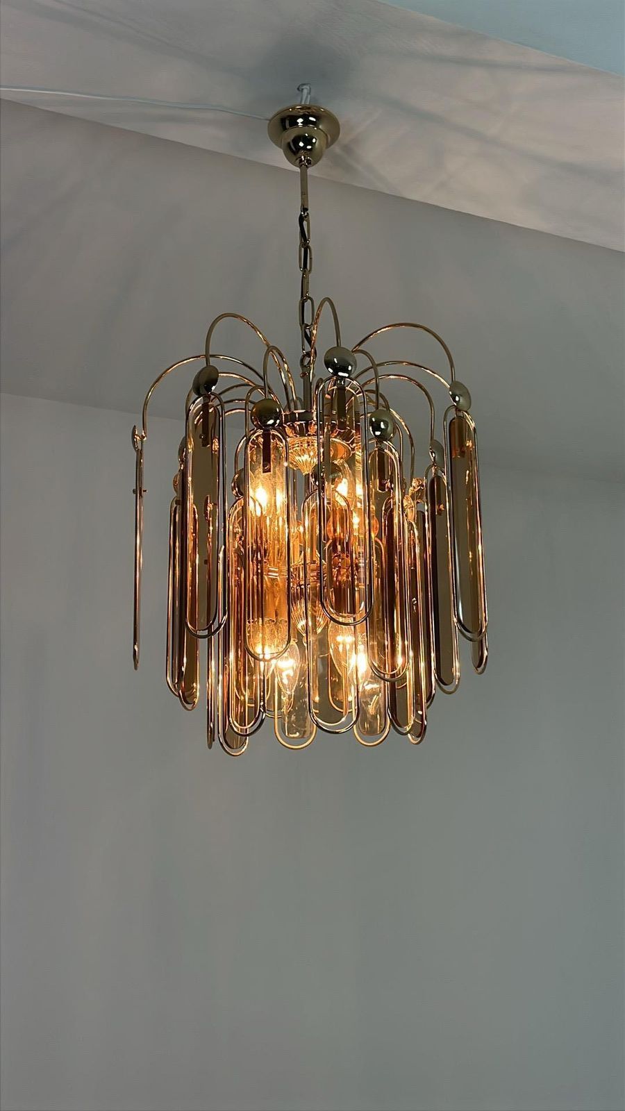 photo vintage Set Of 2 Murano Glass Chandeliers Amber 6 Lights, 1960s