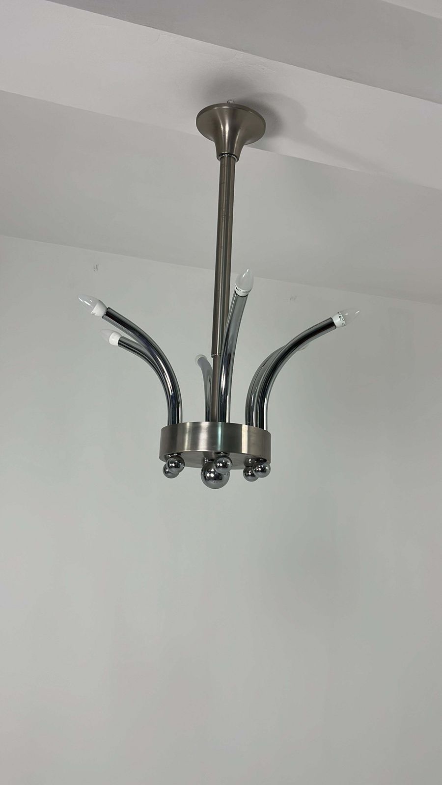 photo furniture Set Of 2 Height Adjustable Chrome Metal Chandeliers Gaetano Sciolari 1970s