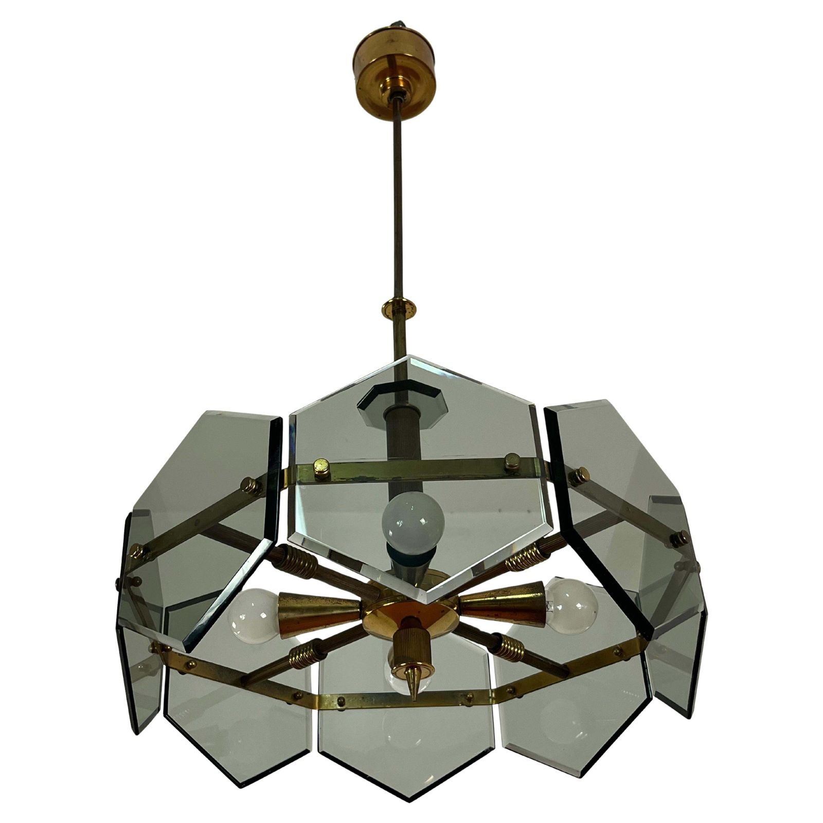 4 Light Brass And Murano Glass Chandelier By Gino Paroldo For Fontana Arte, 1960