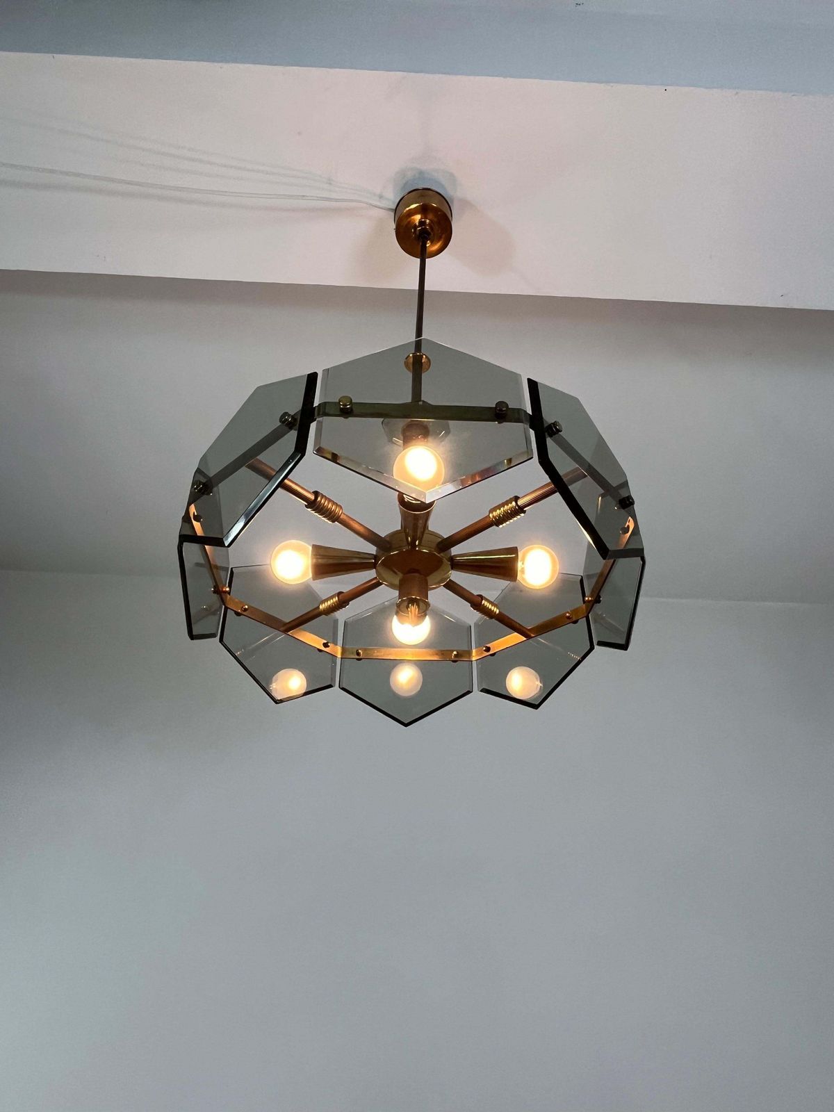 4 Light Brass And Murano Glass Chandelier By Gino Paroldo For Fontana Arte, 1960 photo buy