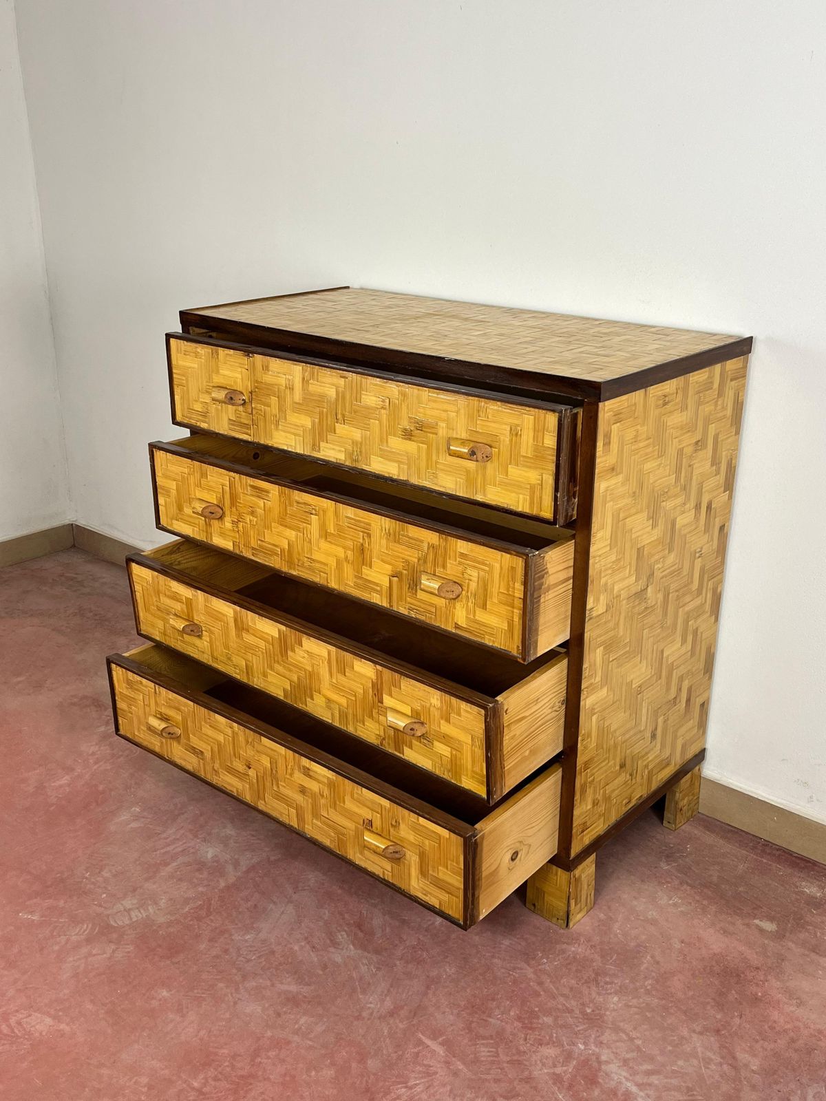 Mid Century Bamboo And Wicker Chest Of Drawers In The Style Of Dal Vera, 1960s photo vinterior
