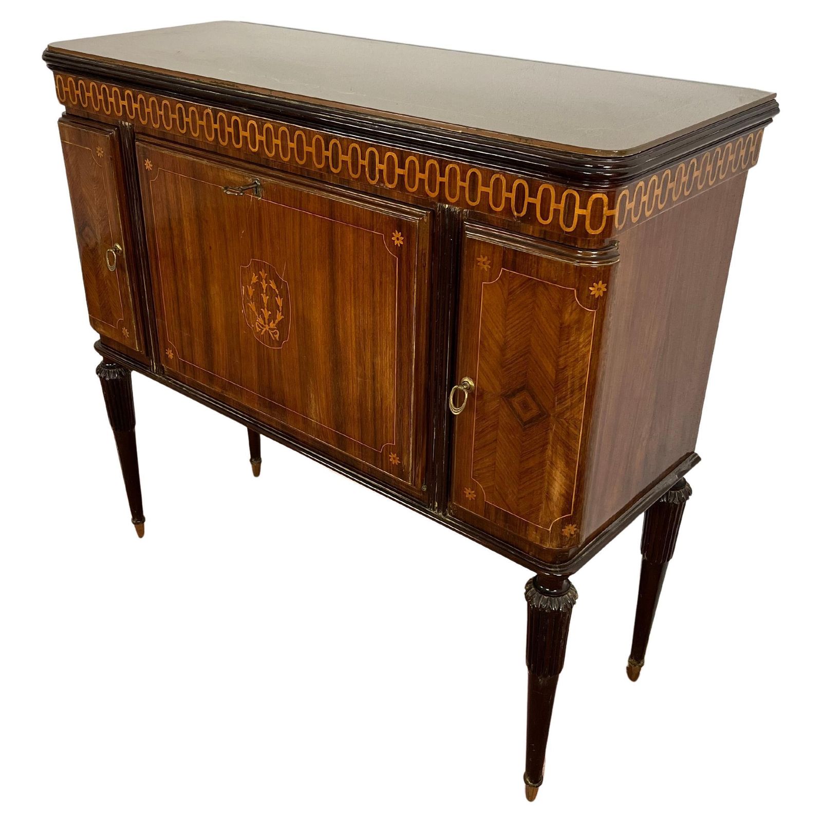 Mid Century Italian Bar Cabinet, Glass Top And Brass Feet, 1950s