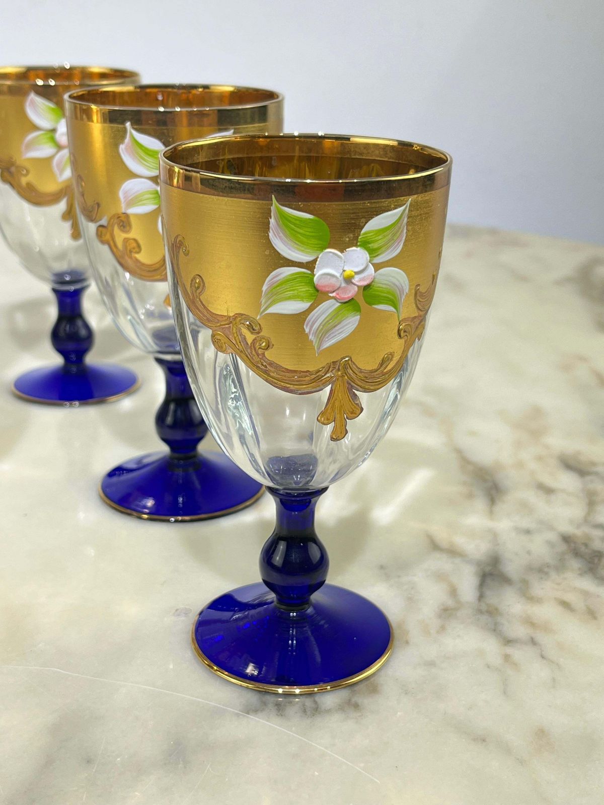 Set Of Bottle And Six Glasses In Hand Painted Murano Glass In 24 Kt Gold, 1970s photo for sale