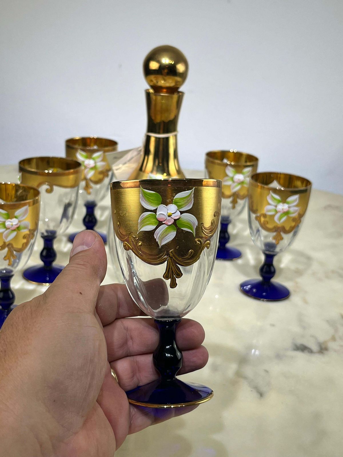 Set Of Bottle And Six Glasses In Hand Painted Murano Glass In 24 Kt Gold, 1970s photo vinterior