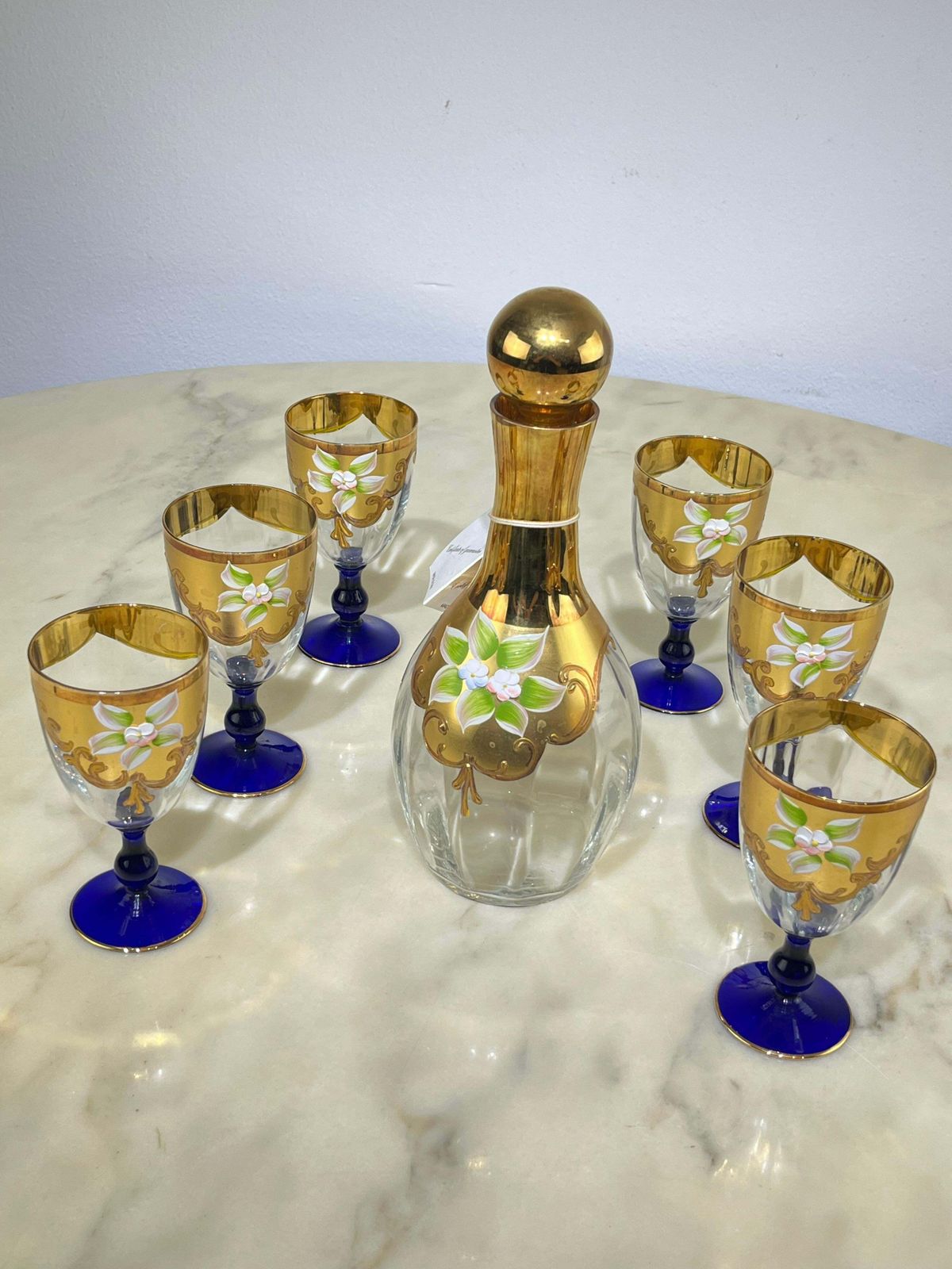 Home Decor Set Of Bottle And Six Glasses In Hand Painted Murano Glass In 24 Kt Gold, 1970s photo