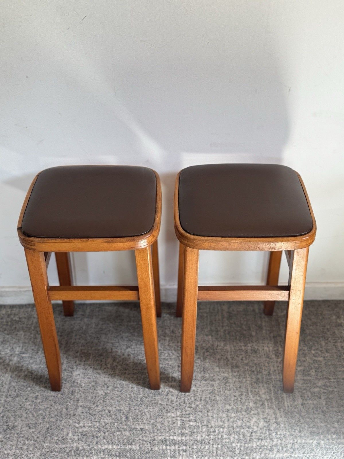 Mid Century Retro Vintage Stools Pair Wood Vinyl Brown photo furniture