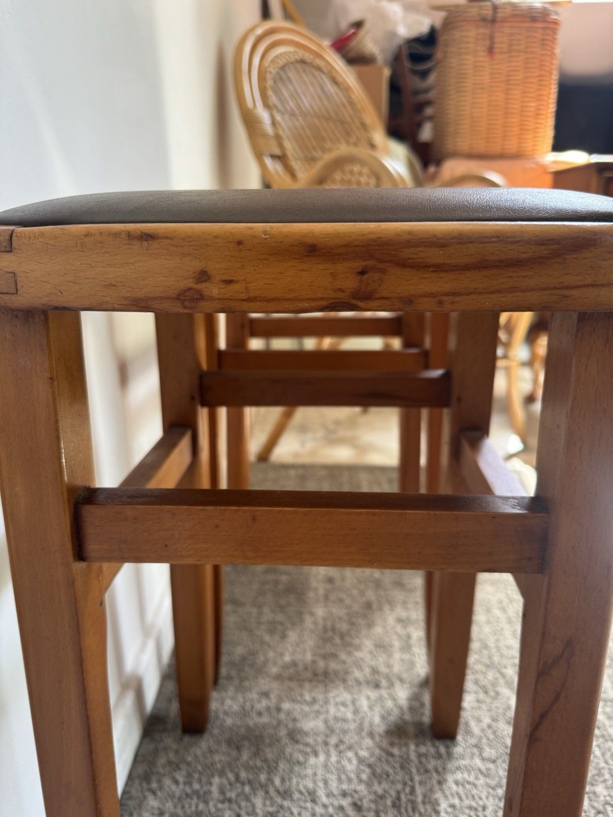 photo for sale Mid Century Retro Vintage Stools Pair Wood Vinyl Brown