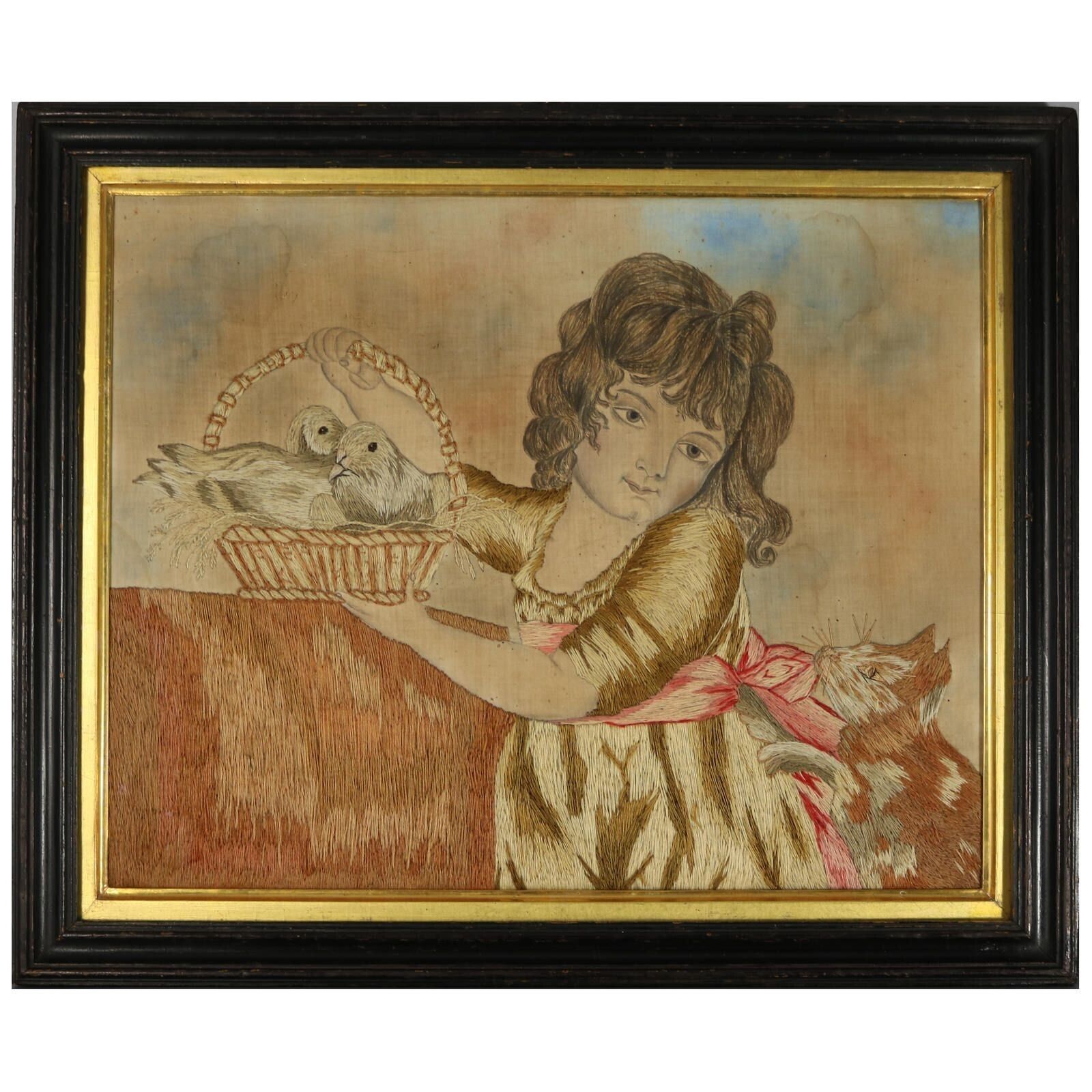 Pair Georgian Woolwork Embroidered Pictures Of Girls With Pets photo furniture