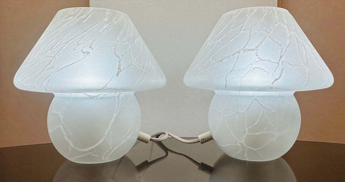 Pair Of 1970s German Frosted Matt White Glass Mushroom Table Lamps Style Of Peill & Putzler photo vintage
