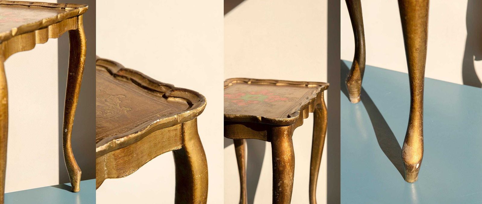 photo for sale Table d'appoint florentine dorée, table basse italienne à feuilles d'or, bord festonné, Rococo