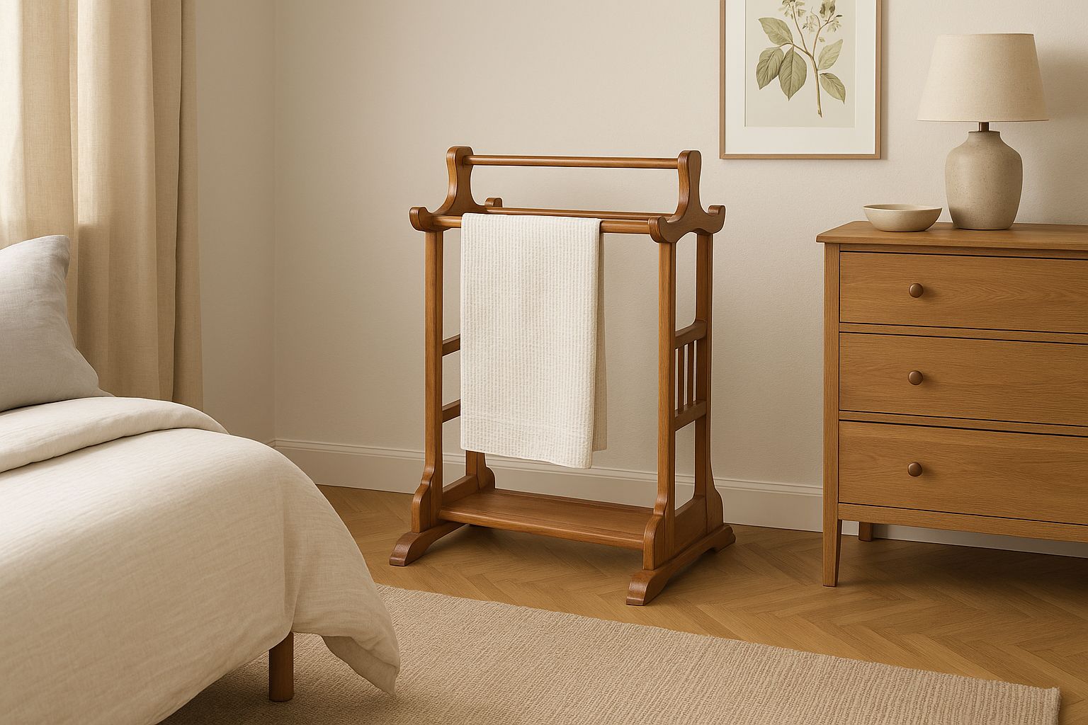 Vintage Indian Teakwood Handcrafted Towel Rail & Cloth Hanger – 1950s Wooden Drying Rack | Wardrobe Stand (1 Piece) photo furniture