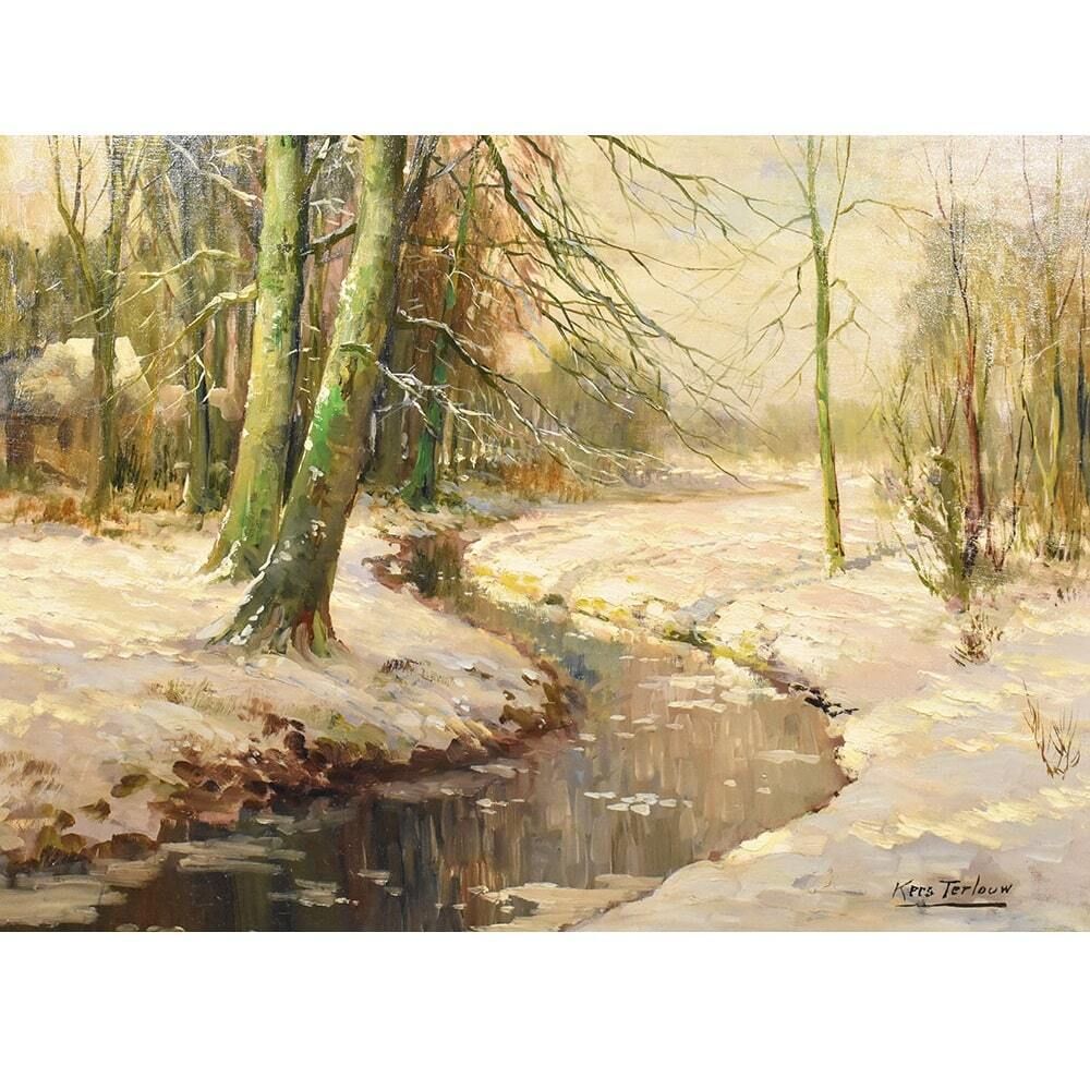 Landscape Painting Under Woods With Snow, Antique Oil Landscape Painting With Forest, Oil On Canvas, Art Deco. (Qp529) photo furniture