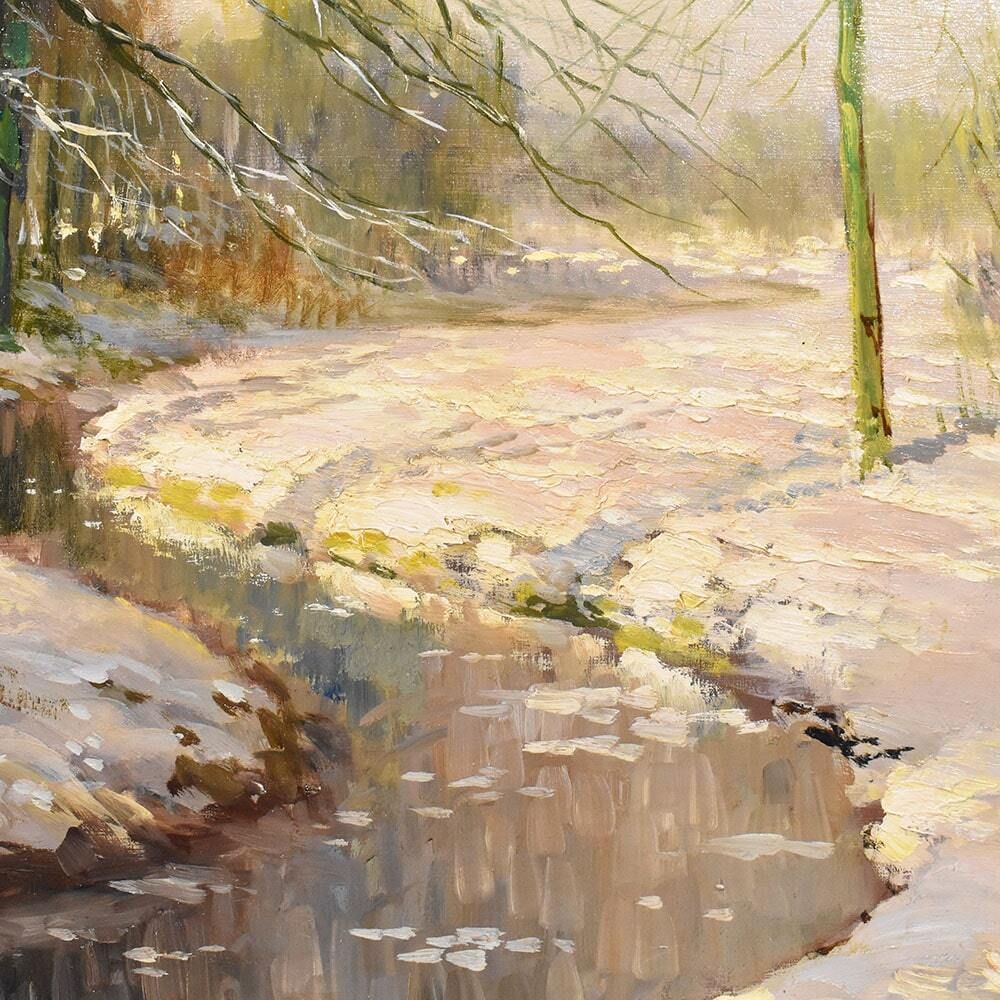 Landscape Painting Under Woods With Snow, Antique Oil Landscape Painting With Forest, Oil On Canvas, Art Deco. (Qp529) photo buy