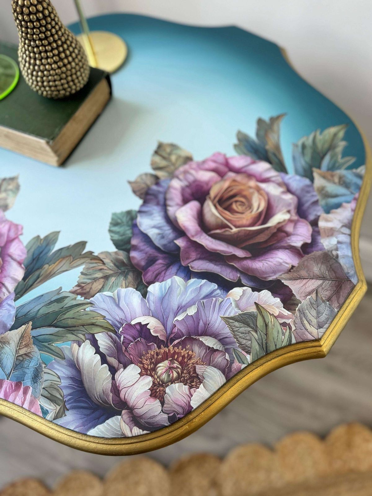 Vintage Side Table Painted Blue With Floral And Gold Detail, Lamp Table, Teal photo vinterior
