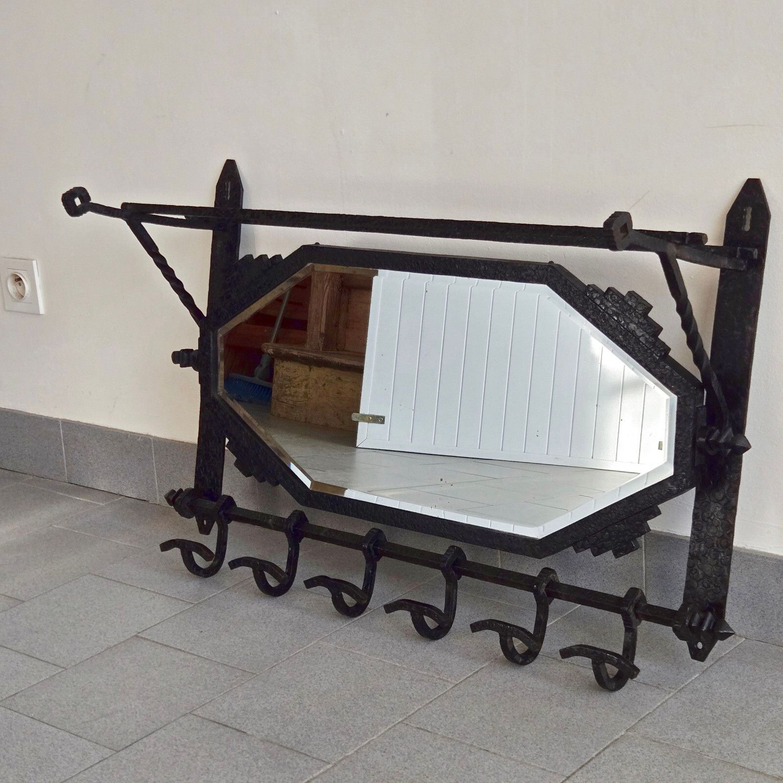 French Art Deco 1920 1930 Metal Hammer Wall & Mirror Coat Rack 20s 30s photo for sale