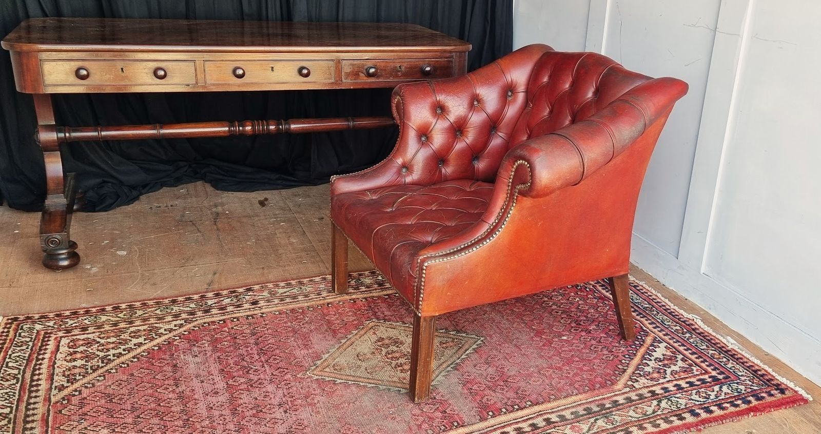 19th Century Ox Blood Red Leather Button Back Club Armchair. photo Furniture