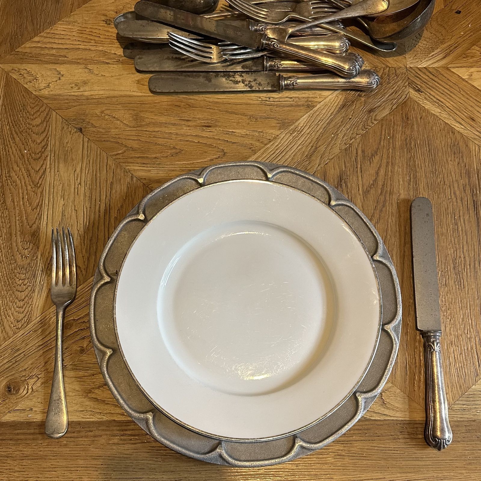 Fabulous Set Of 12 French Antique Pewter Charger Plates – From A French Chateau