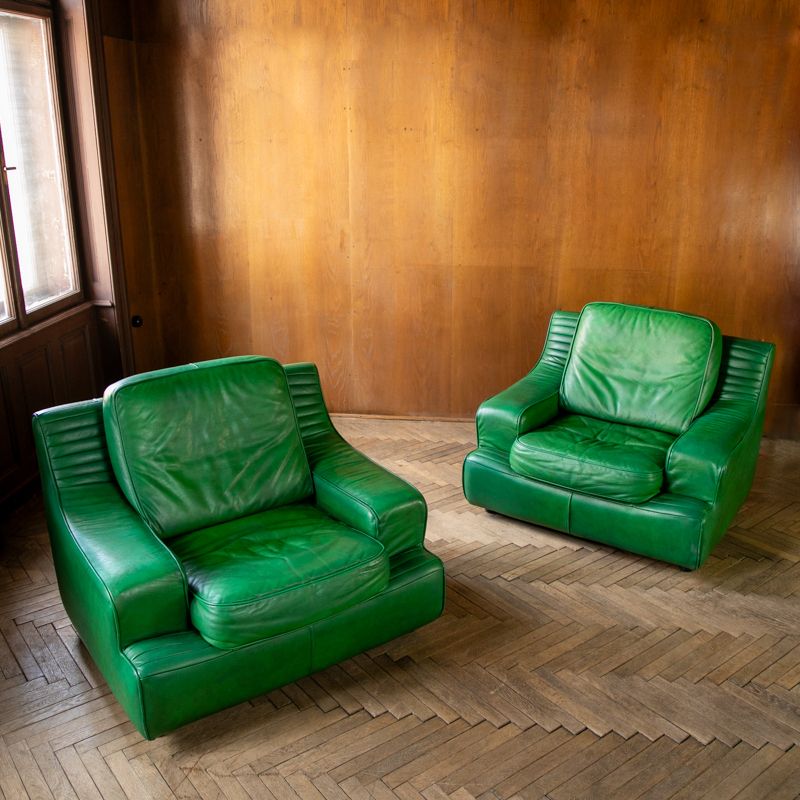 Grüne Ledersessel, Frankreich, 1980er, 2er Set photo furniture