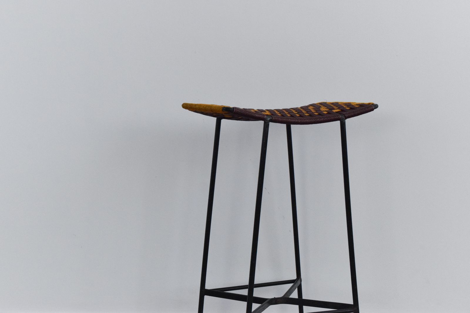 Vintage Black Metal Tubular Single Tall Bar Stool With Woven Top